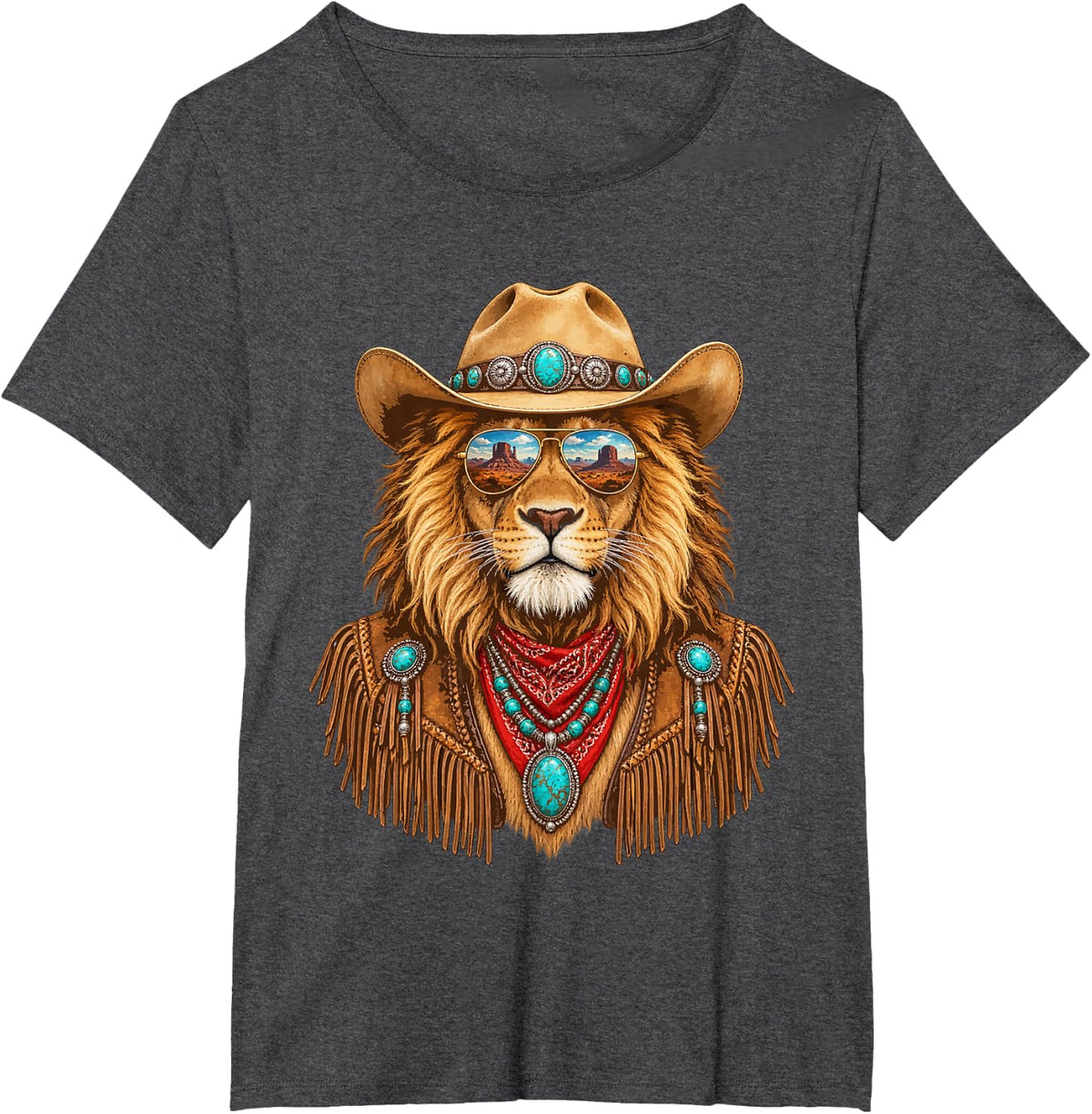 Glam Lion with Sunglasses and Cowboy Hat Western Boho T-Shirt - Dark Heather Grey