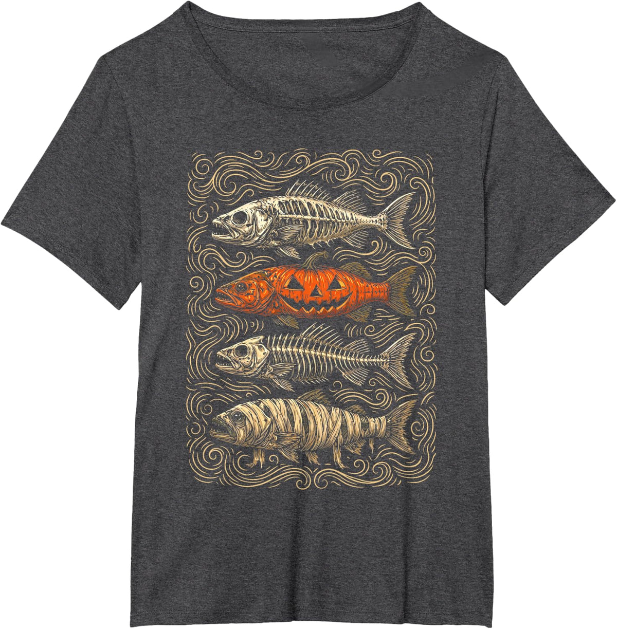 Halloween Trout Fish Ghost Pumpkin Skeleton Mummy Retro T-Shirt - Dark Heather Grey