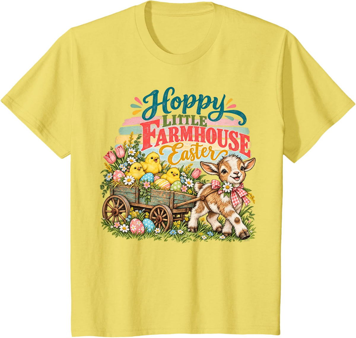 Happy Little Farmhouse Easter Baby Goat Chicks Spring Art T-Shirt - Lemon Yellow