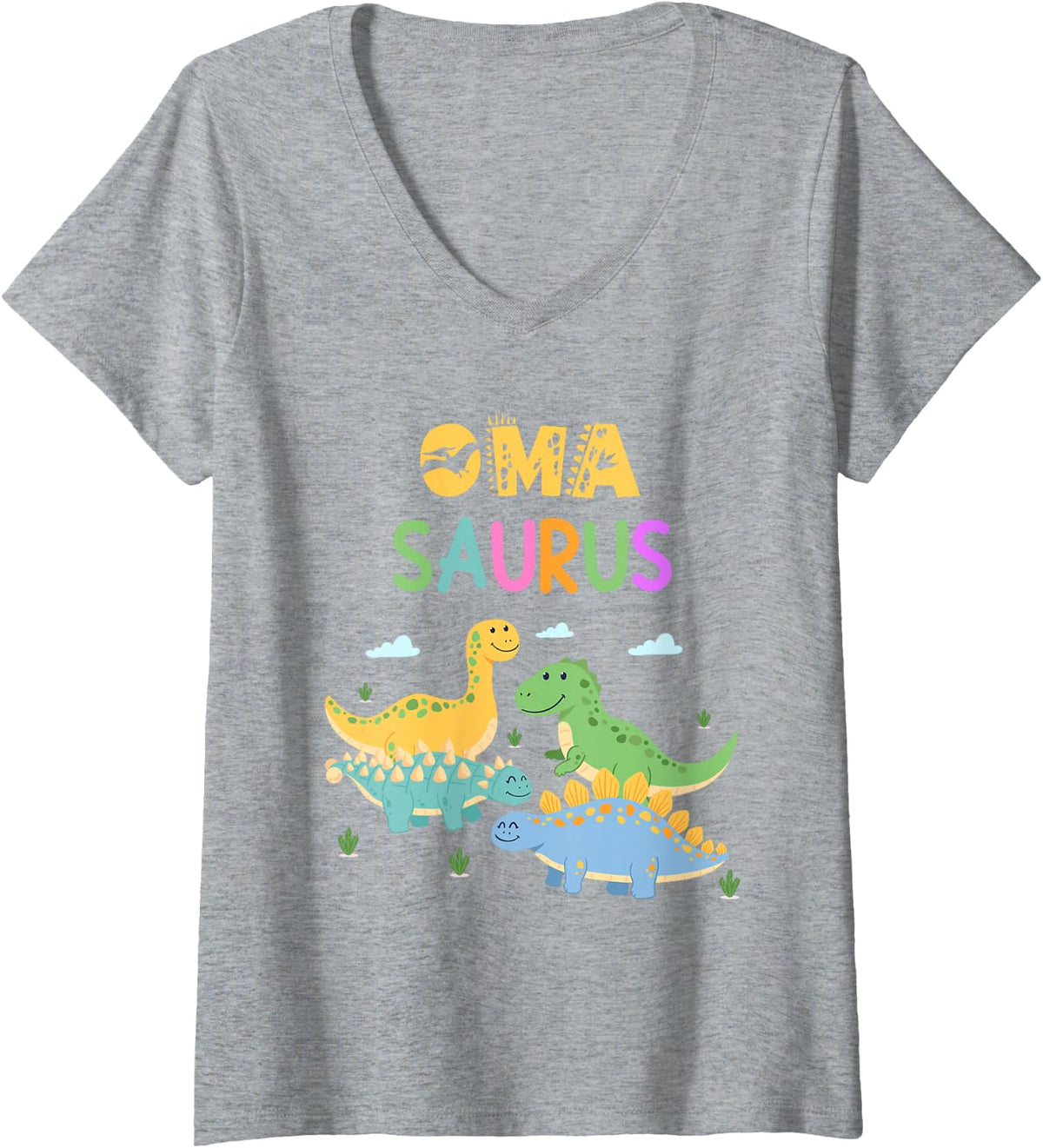 Women's Oma Saurus T-Rex Dinosaur Family Matching Birthday Party V-Neck T-Shirt - Heather Grey