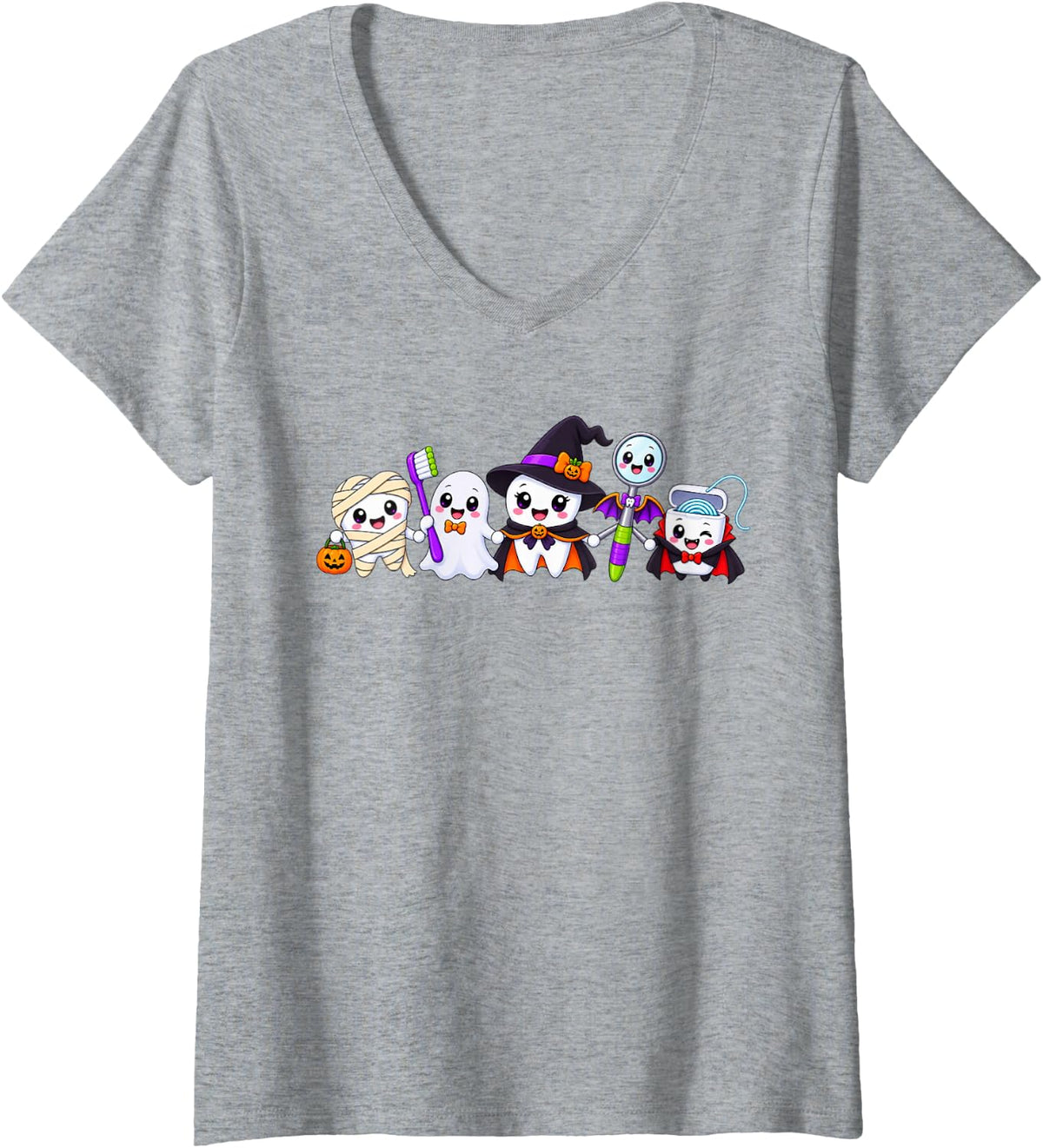 Women's Halloween Dentist Ghost Witch Mummy Dental V-Neck T-Shirt - Heather Grey