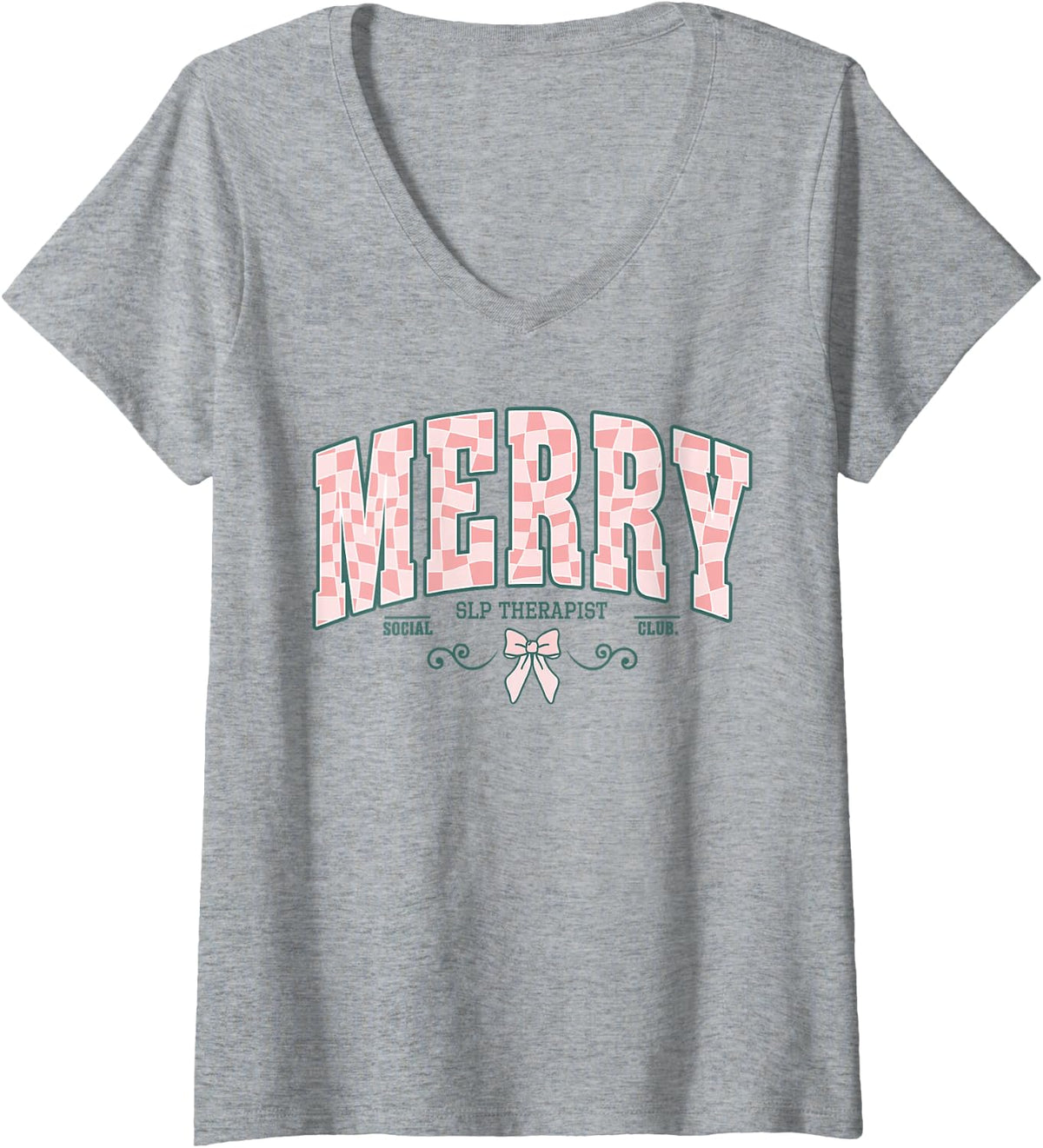 Women's Merry SLP Language Therapist Checkered College Christmas V-Neck T-Shirt - Heather Grey