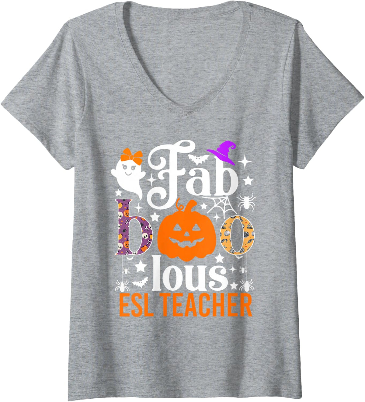 Women's Faboolous ESL Teacher Funny Pumpkin Halloween Costume V-Neck T-Shirt - Heather Grey