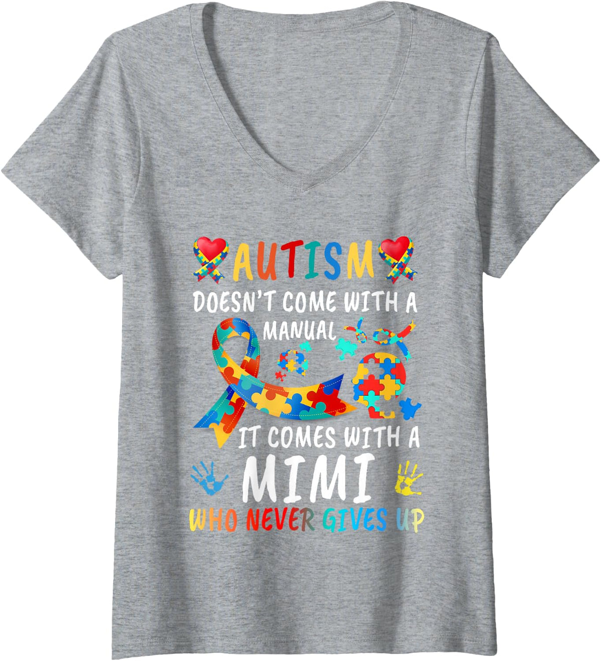 Women's Autism Doesn't Come with A Manual Mimi Love Autistic Kids V-Neck T-Shirt - Heather Grey