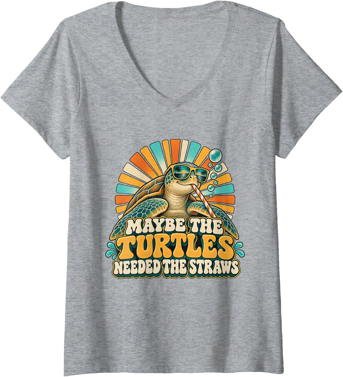 Women's Maybe The Turtles Needed The Straws Sea Turtle Graphic V-Neck T-Shirt - Heather Grey