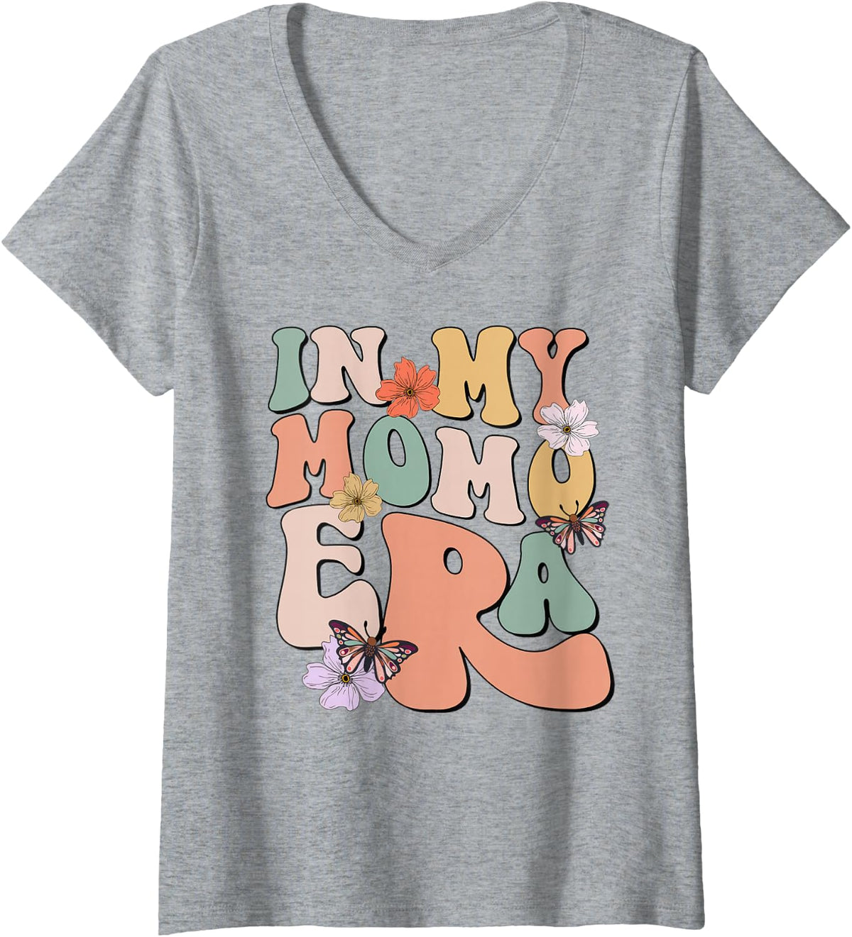 Women's Retro Groovy in My Momo Era Butterfly Mother's Day V-Neck T-Shirt - Heather Grey