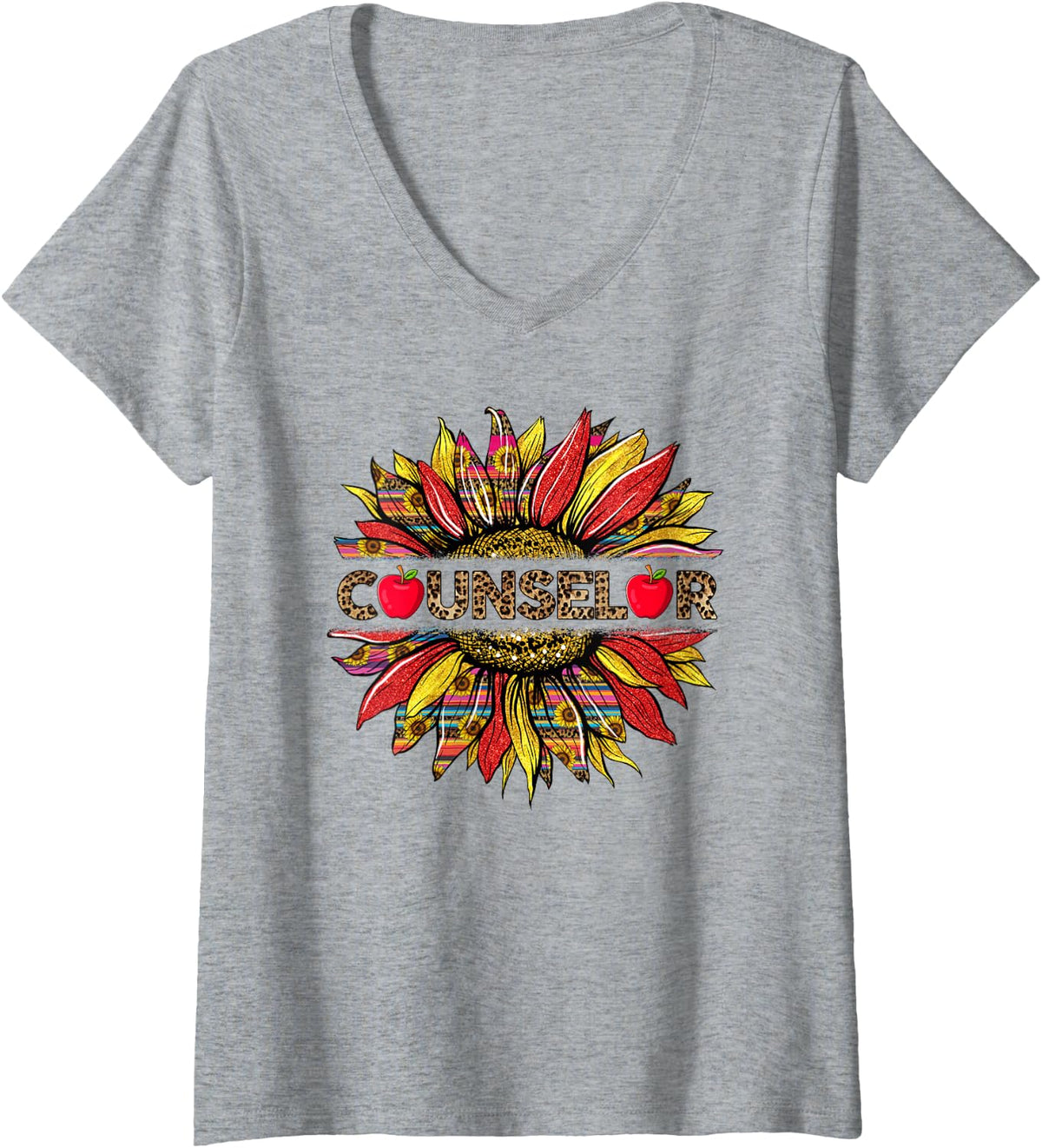 Women's Leopard Sunflower Counselor Appreciation Back to School V-Neck T-Shirt - Heather Grey