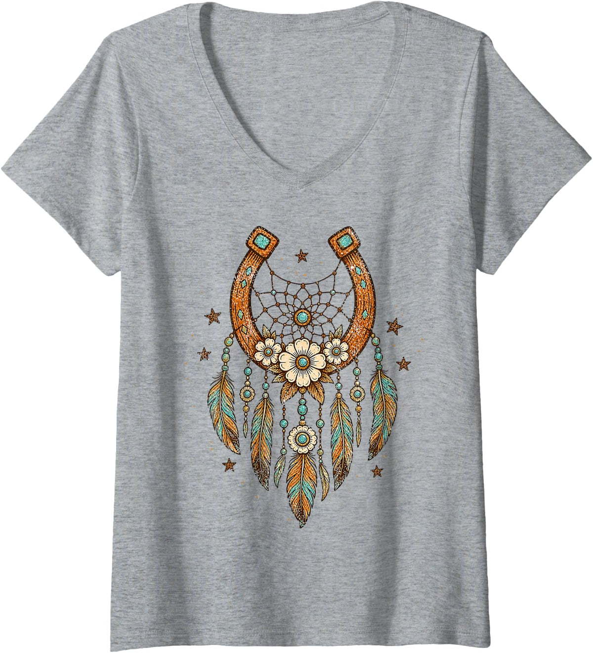 Women's Horseshoe Dreamcatcher Boho Turquoise Feather Western Lucky V-Neck T-Shirt - Heather Grey