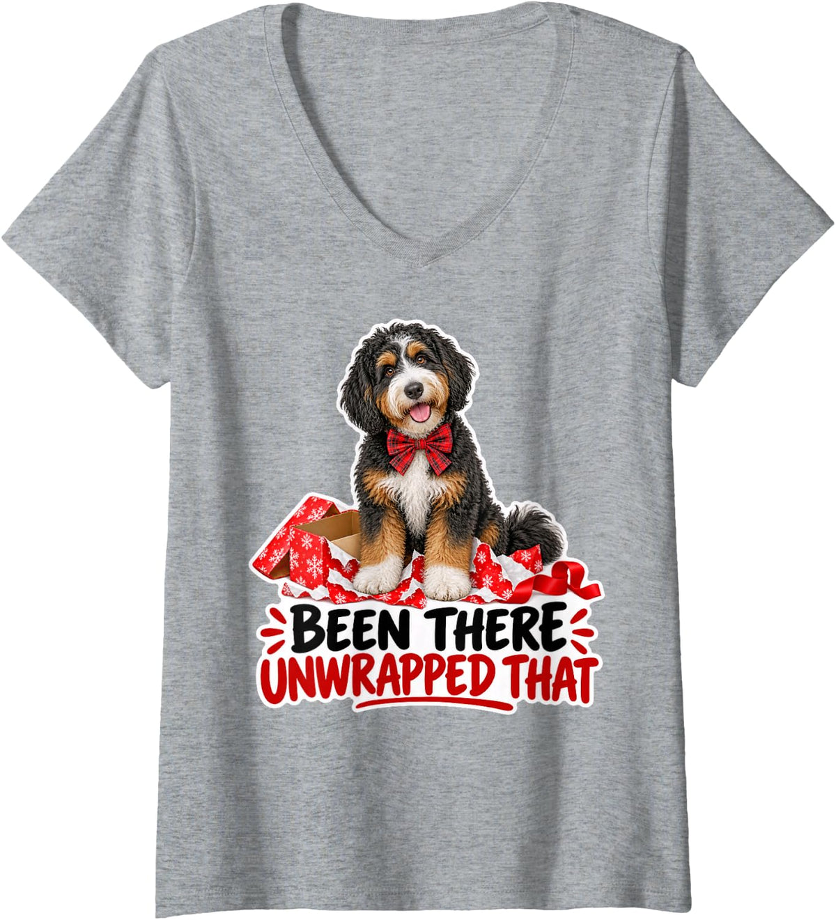 Women's Been There Unwrapped that Bernedoodle Christmas Dog Lover V-Neck T-Shirt - Heather Grey