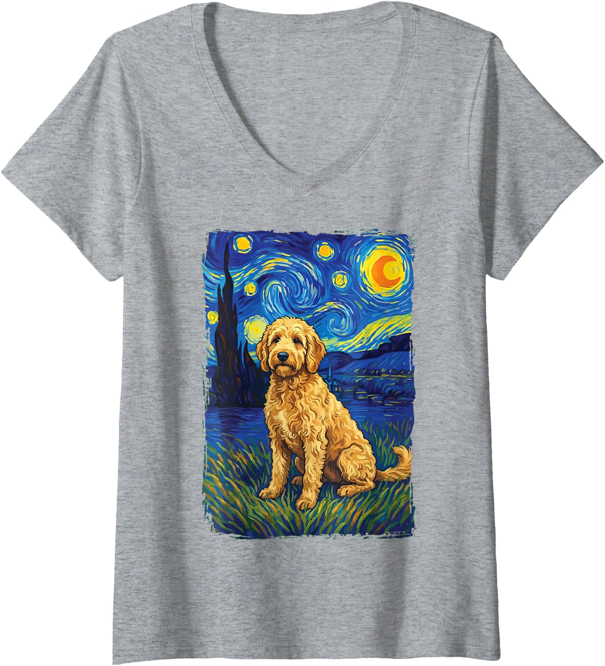Women's Goldendoodle Starry Night V-Neck T-Shirt - Heather Grey