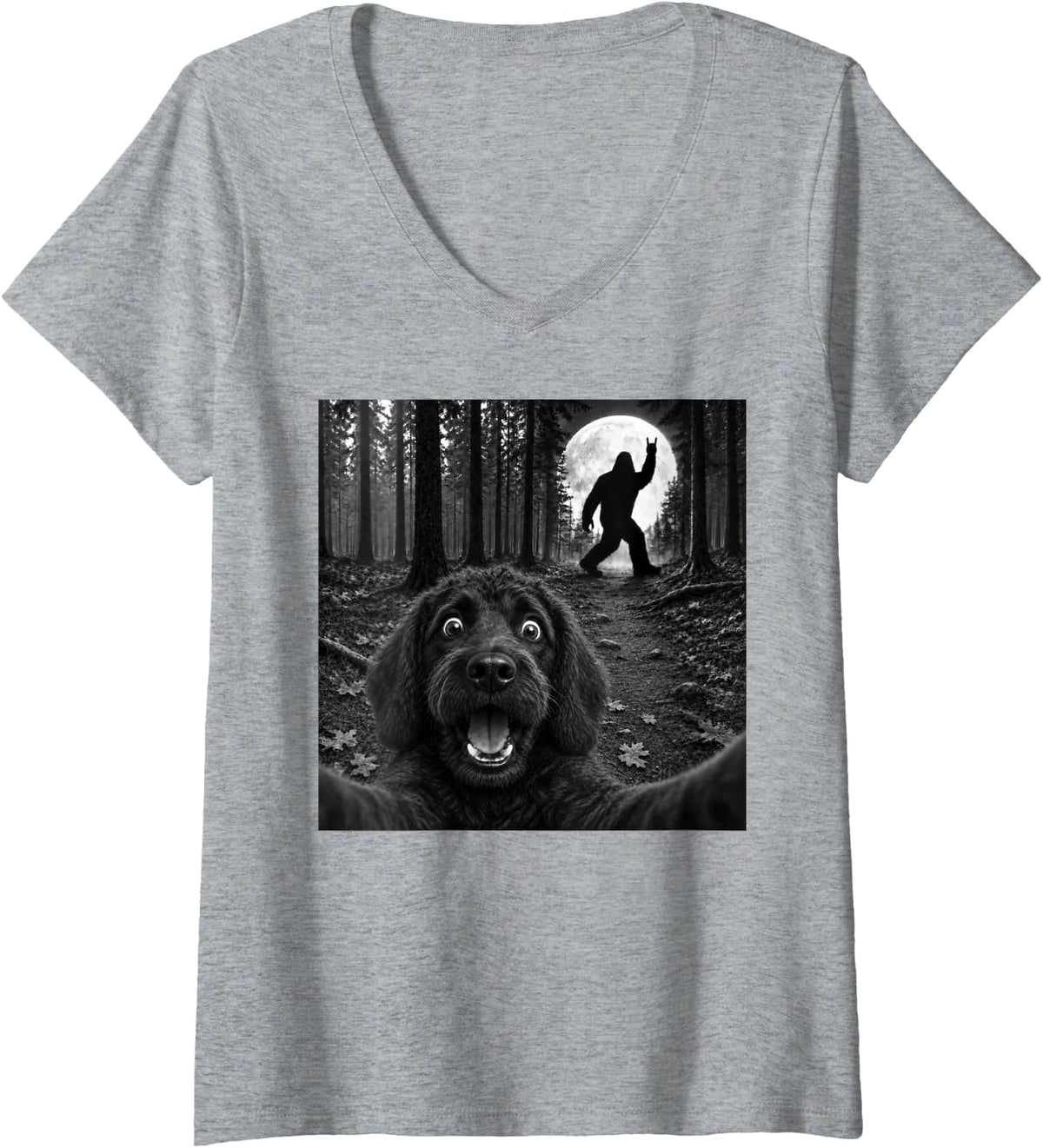 Women's Labradoodle Selfie with Bigfoot Rock and Roll Dog Sasquatch V-Neck T-Shirt - Heather Grey