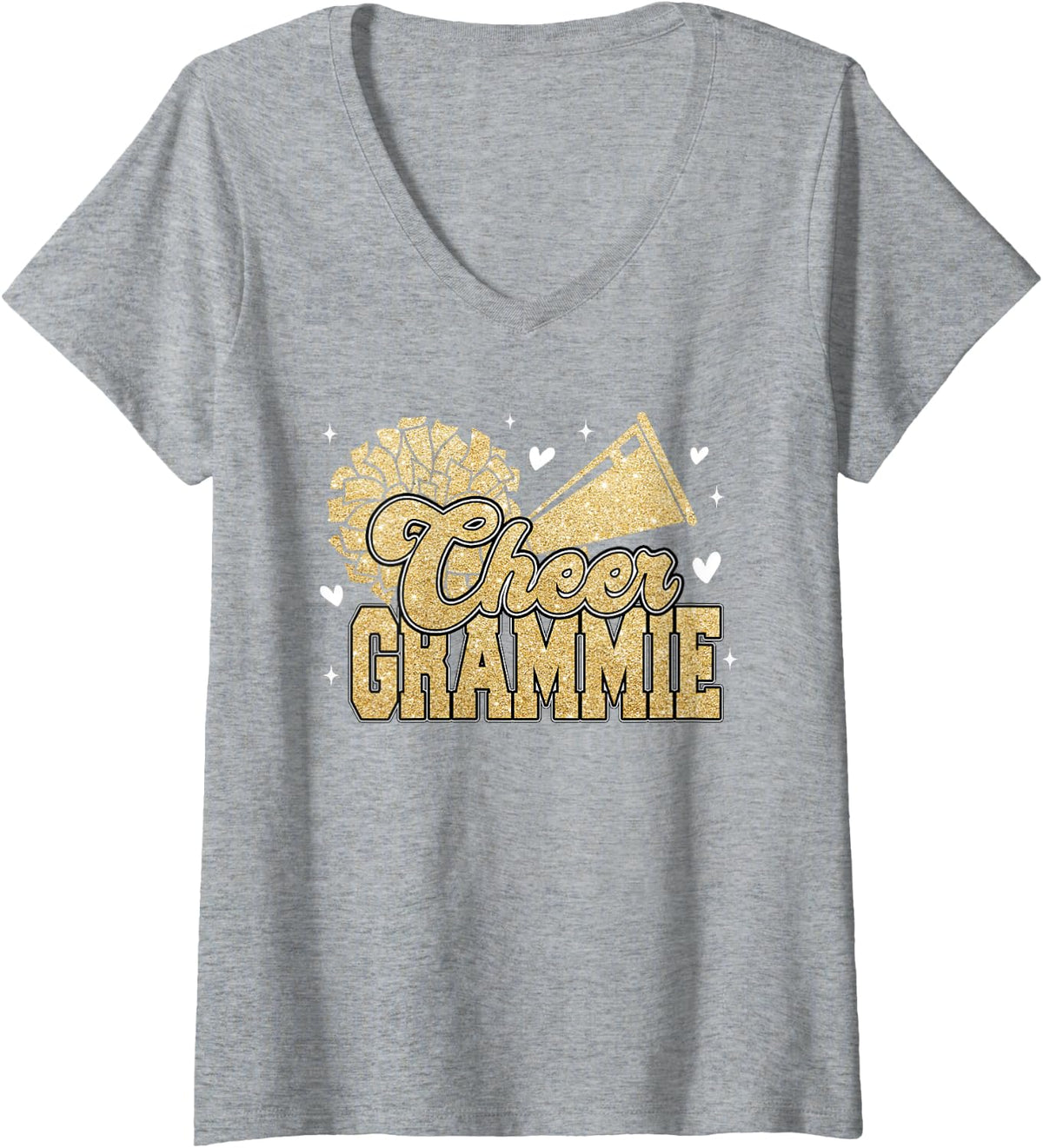 Womens Cheer Grammie Biggest Fan Cheerleader Yellow Gold Pom Pom V-Neck T-Shirt - Heather Grey
