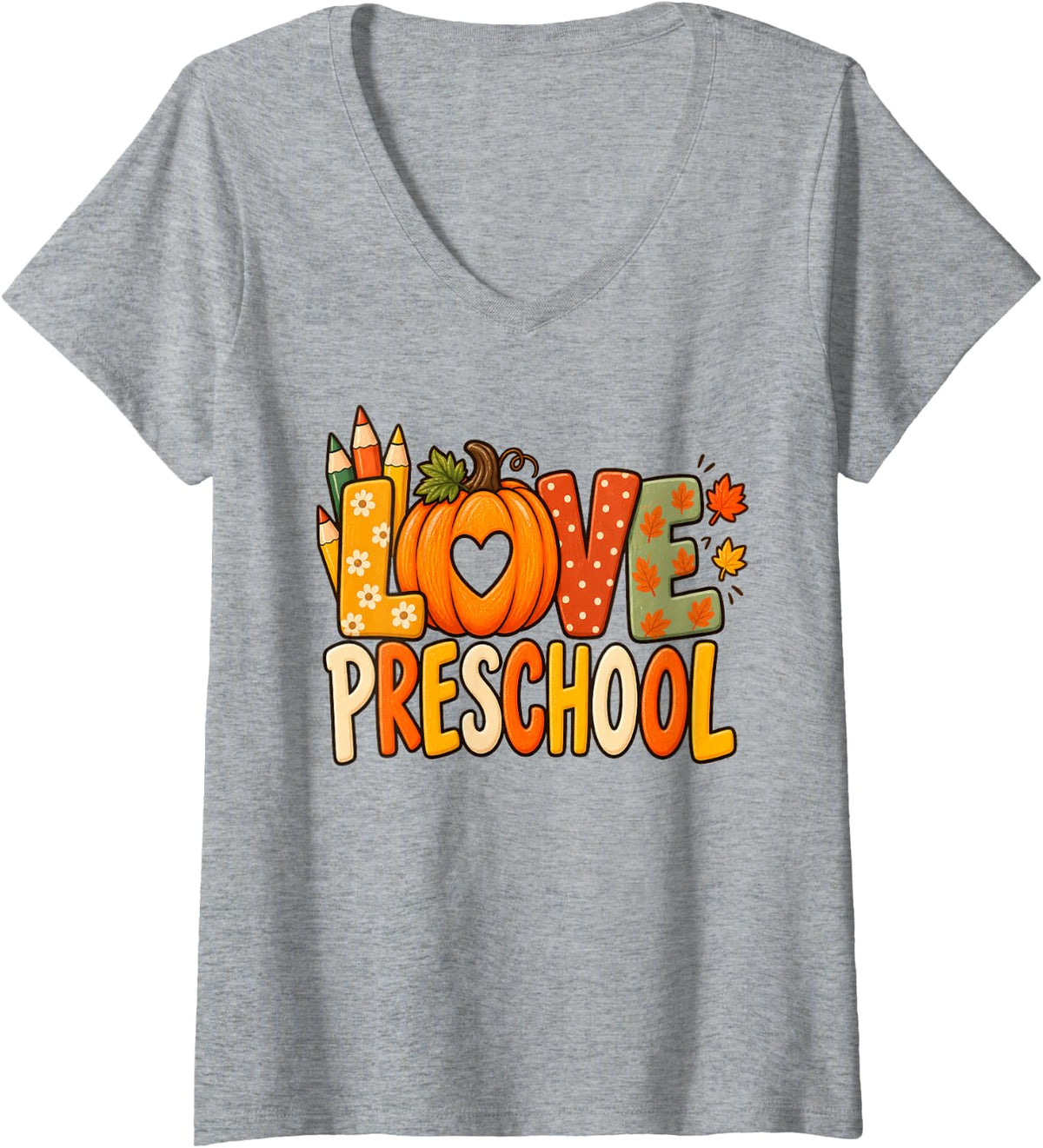Women's Love Preschool Fall Pumpkins Teacher V-Neck T-Shirt - Heather Grey