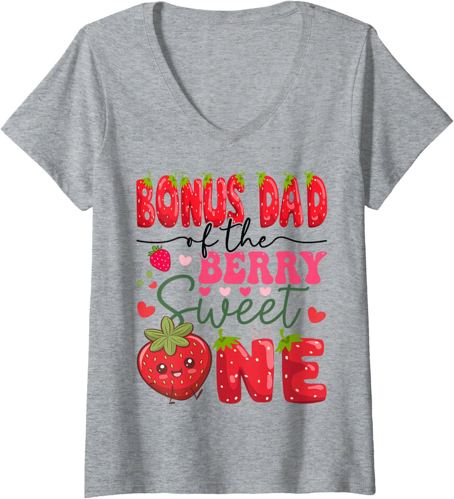 Women's Bonus Dad of The Berry Sweet One 1St Birthday Strawberry V-Neck T-Shirt - Heather Grey