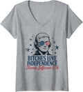 Women's Retro Bitches Love Independence Funny 4th of July V-Neck T-Shirt - Heather Grey
