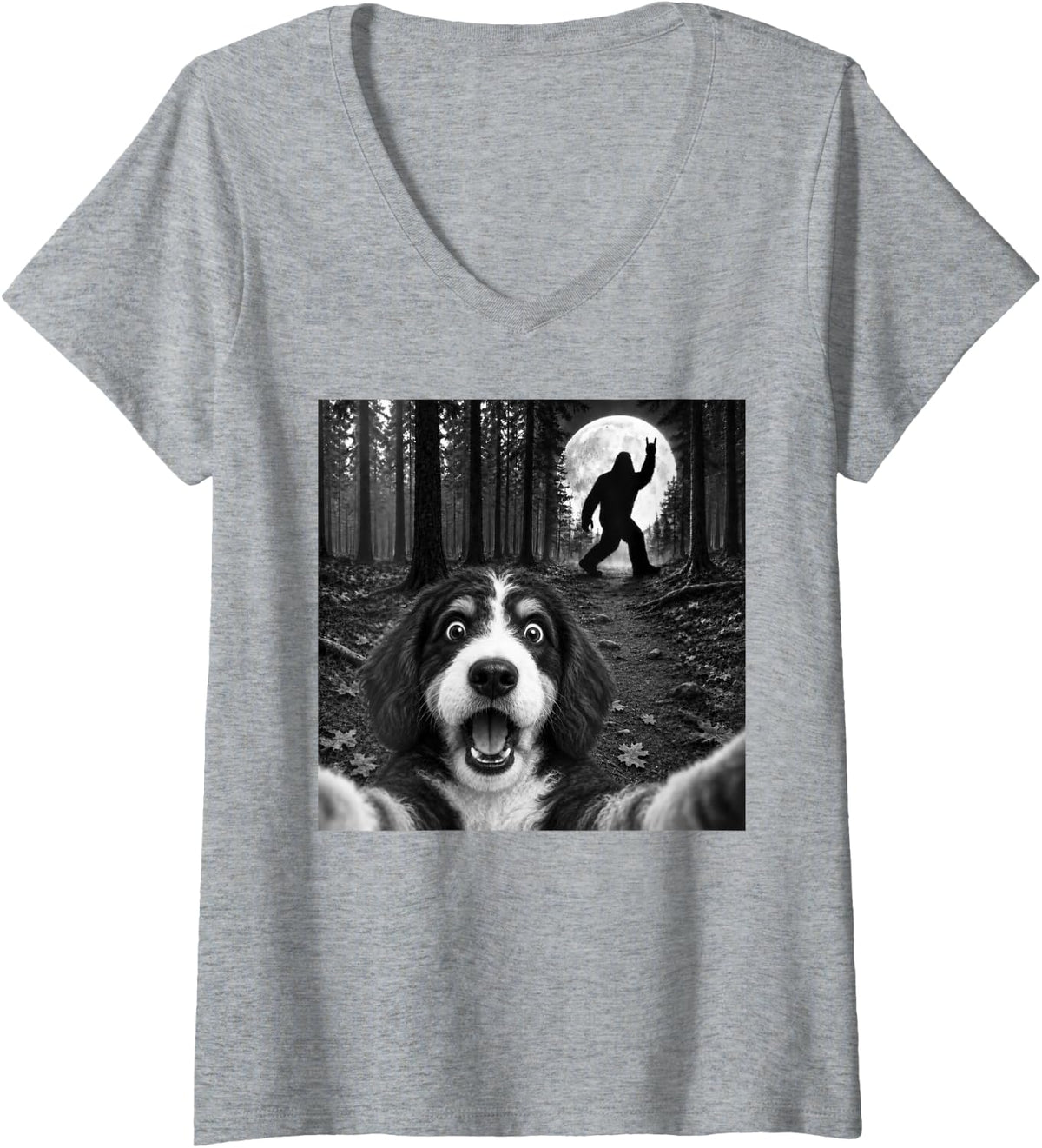 Women's Bernedoodle Selfie with Bigfoot Rock and Roll Dog Sasquatch V-Neck T-Shirt - Heather Grey
