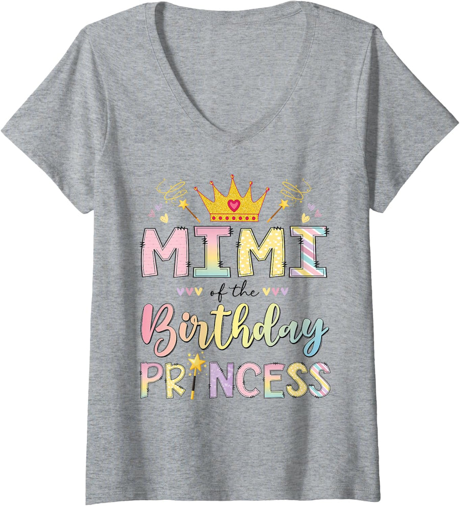 Women's Mimi of The Birthday Princess Girl Party Matching Family V-Neck T-Shirt - Heather Grey