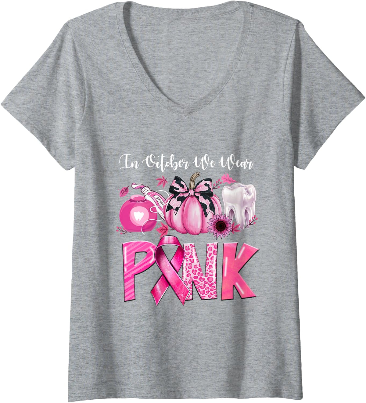 Women's in October We Wear Pink Tooth Dental Leopard Breast Cancer V-Neck T-Shirt - Heather Grey