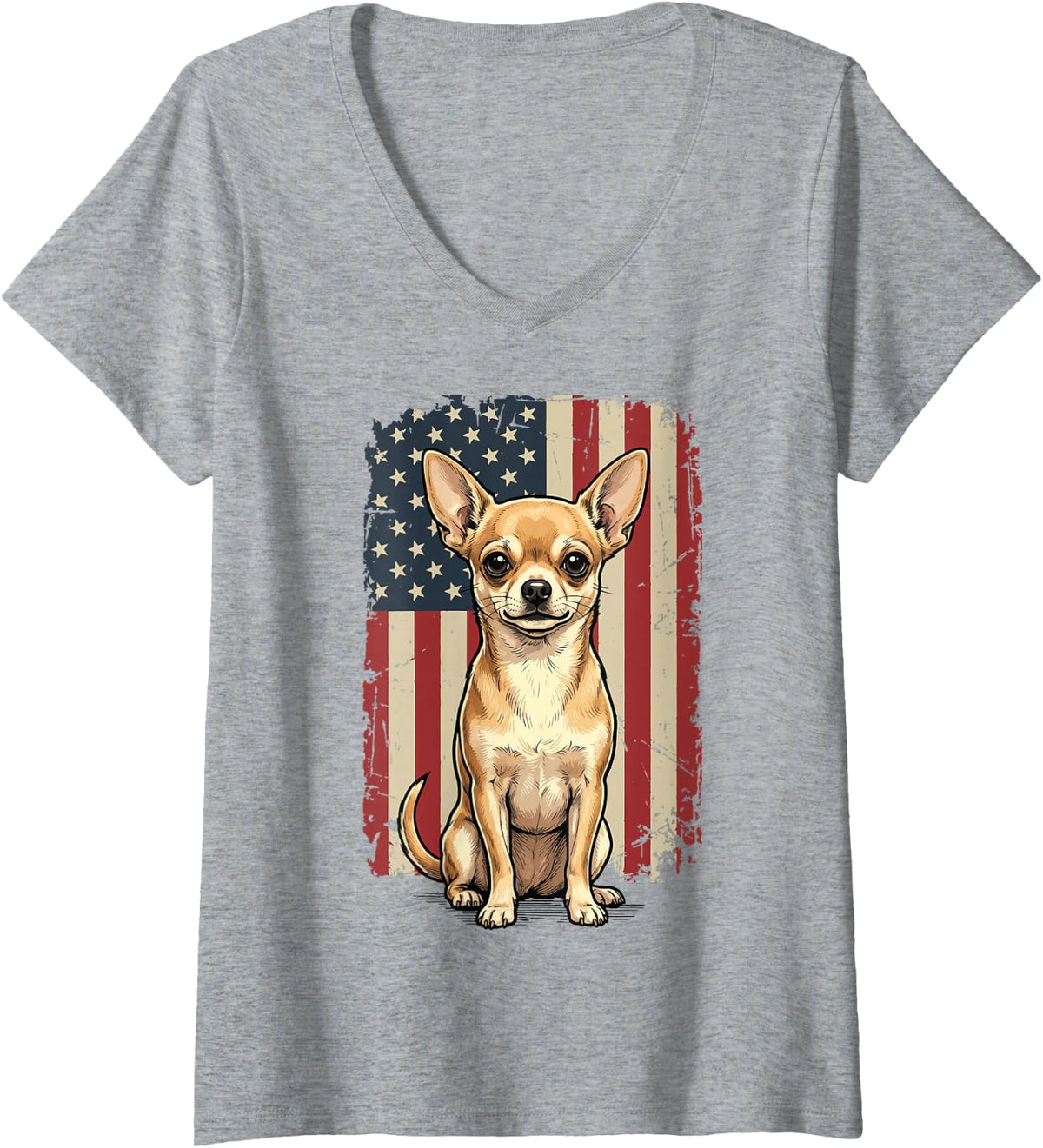 Women's Chihuahua USA Flag V-Neck T-Shirt - Heather Grey