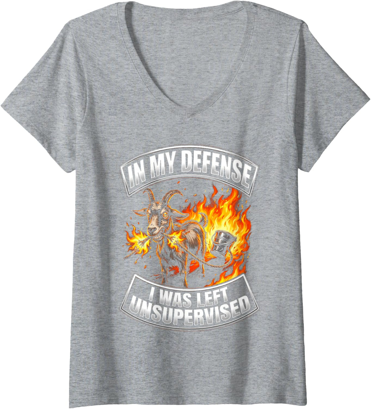 Women's in My Defense I was Left Unsupervised Goat V-Neck T-Shirt - Heather Grey