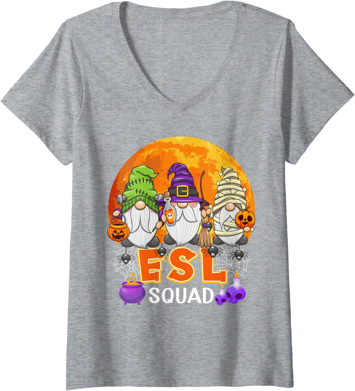 Women's ESL Squad Halloween ESL Teacher Gnome Matching V-Neck T-Shirt - Heather Grey