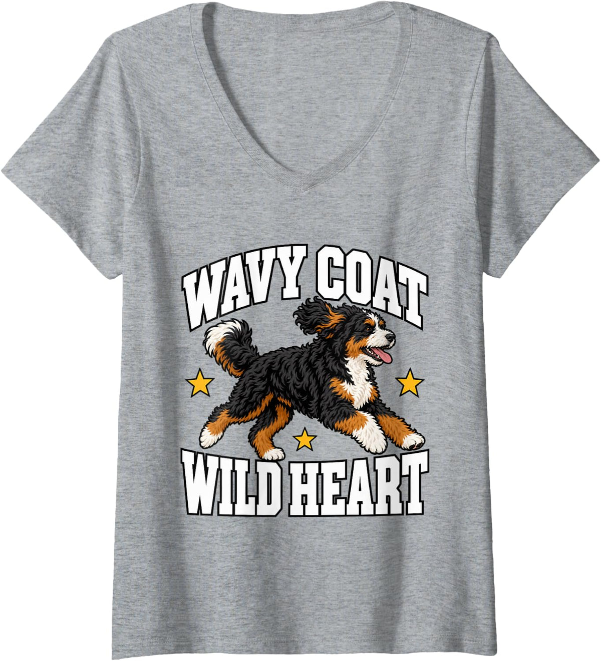 Women's Bernedoodle Wavy Coat Wild Heart Dog Mom Dad Owner V-Neck T-Shirt - Heather Grey