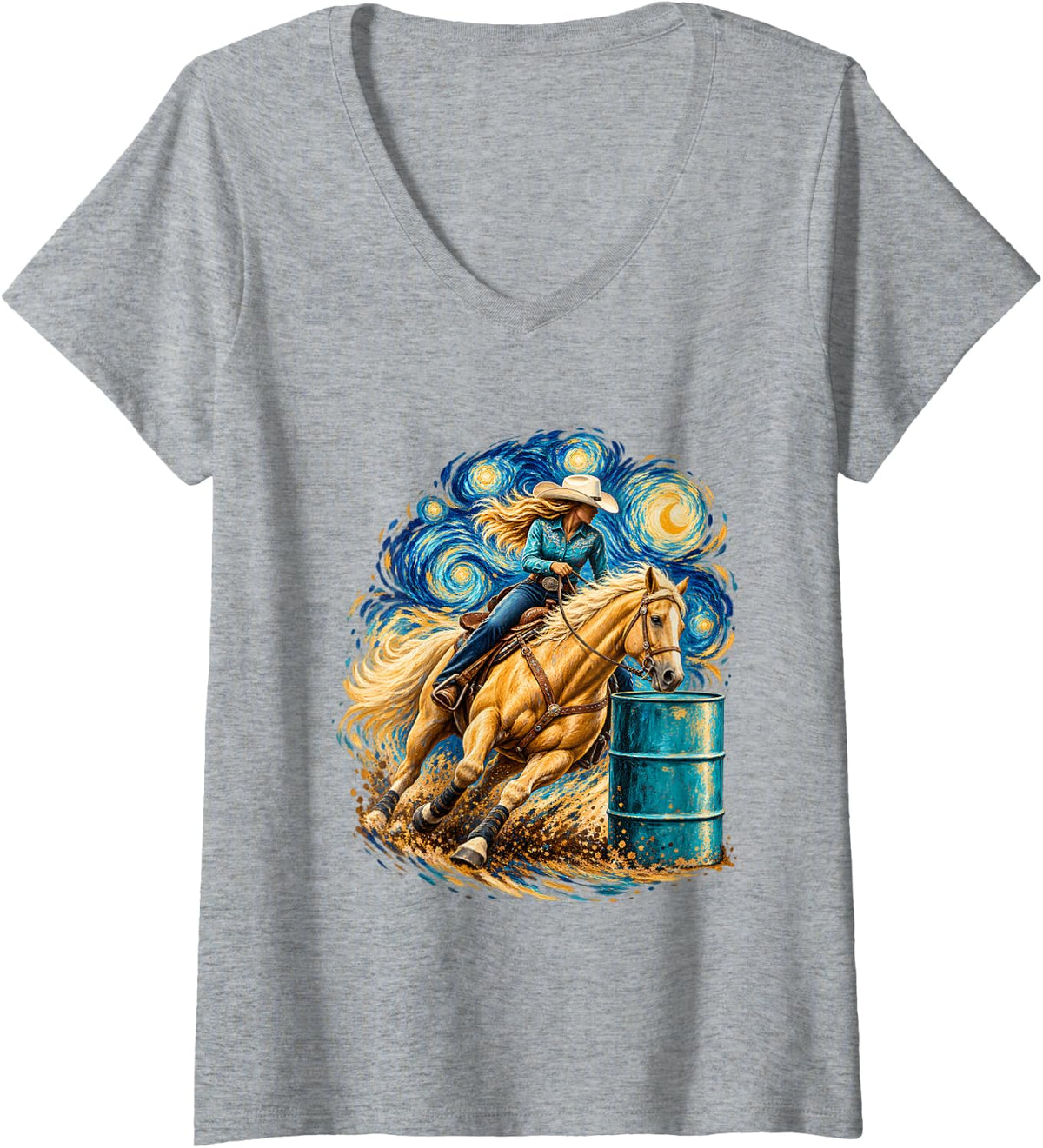 Women's Starry Night Barrel Racing Cowgirl Palomino Horse Rodeo V-Neck T-Shirt - Heather Grey