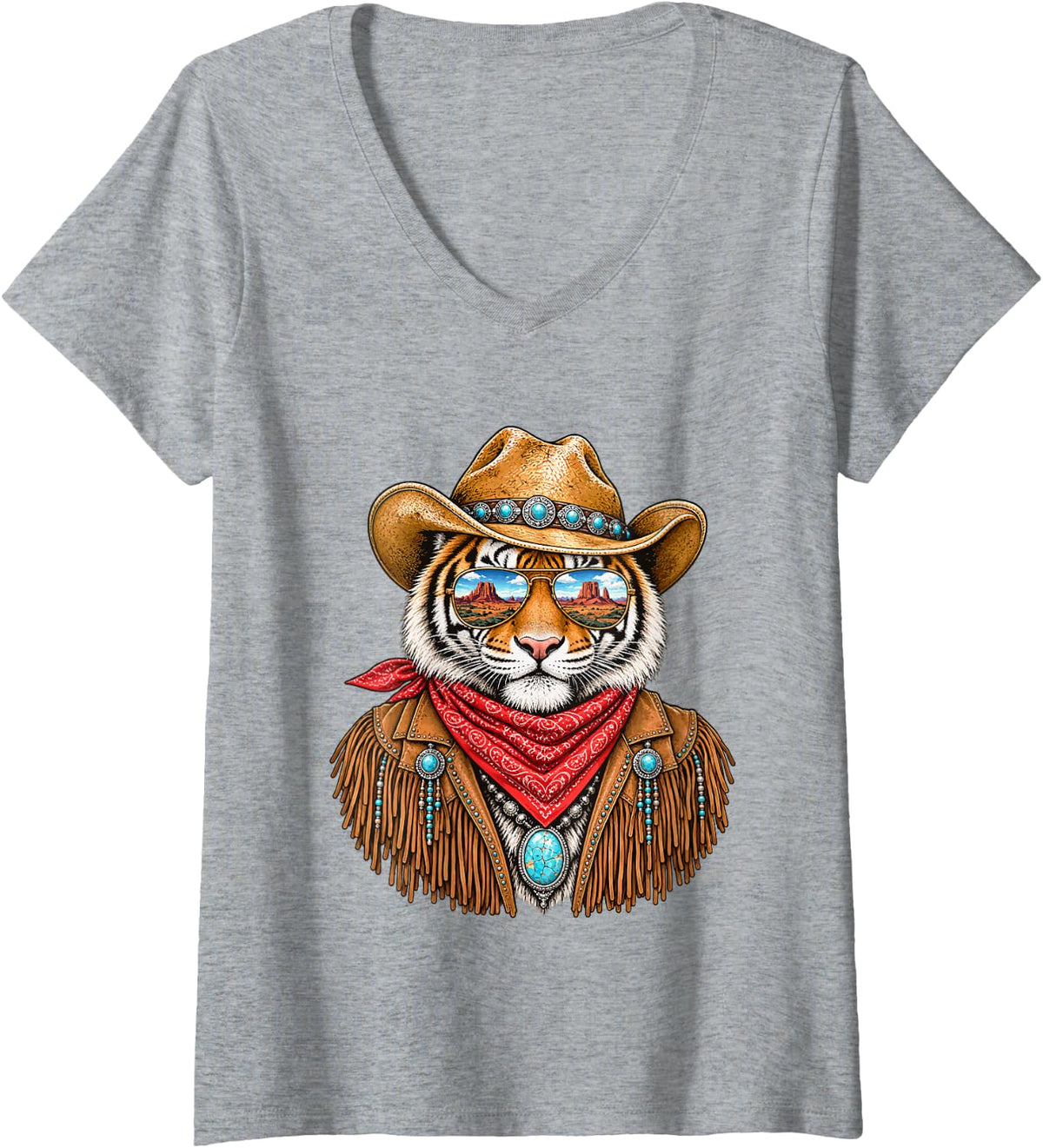 Women's Glam Tiger with Sunglasses and Cowboy Hat Western Boho V-Neck T-Shirt - Heather Grey
