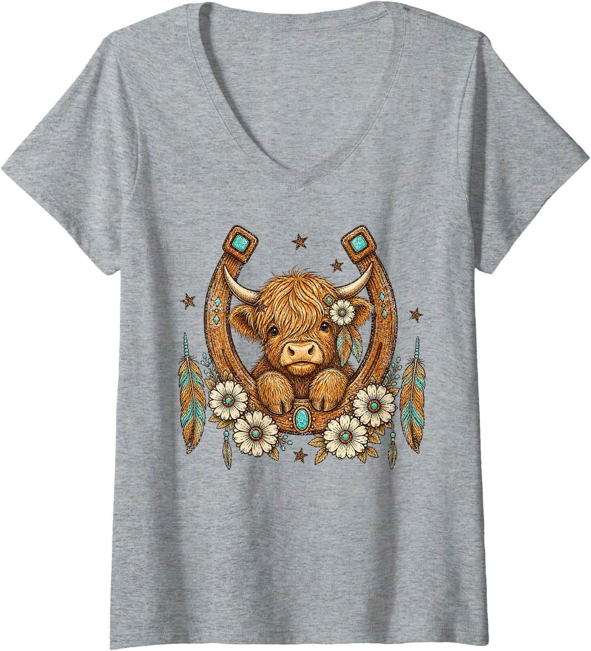 Women's Boho Highland Cow in Horseshoe with Turquoise Western V-Neck T-Shirt - Heather Grey