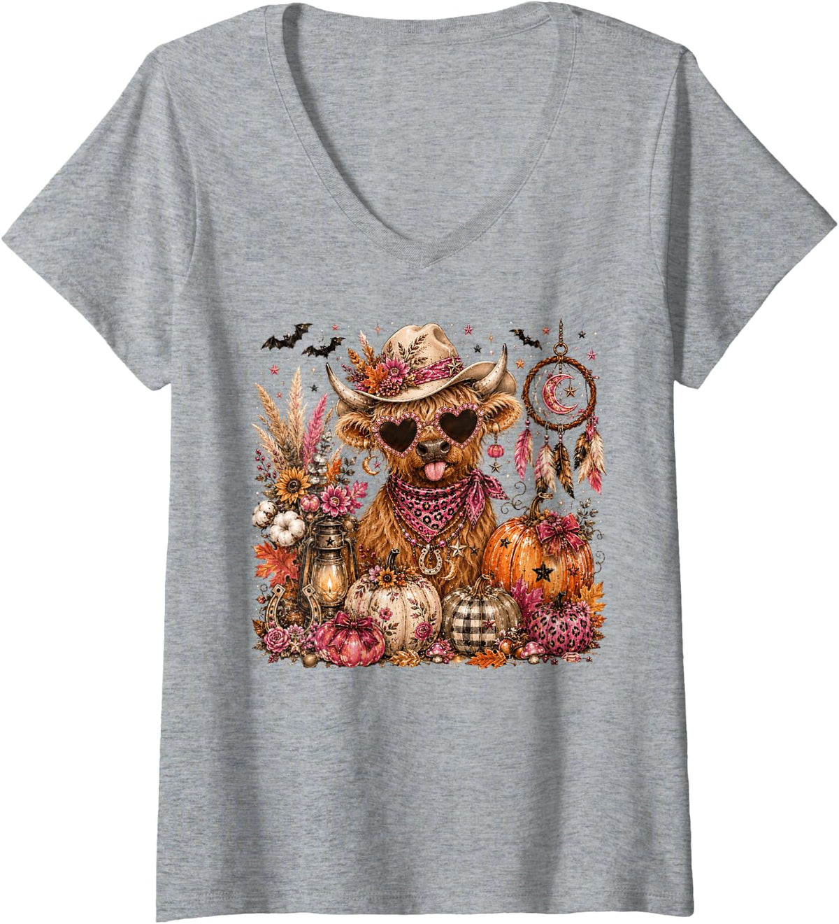 Women's Highland Cow Western Fall Pumpkin Boho Autumn V-Neck T-Shirt - Heather Grey