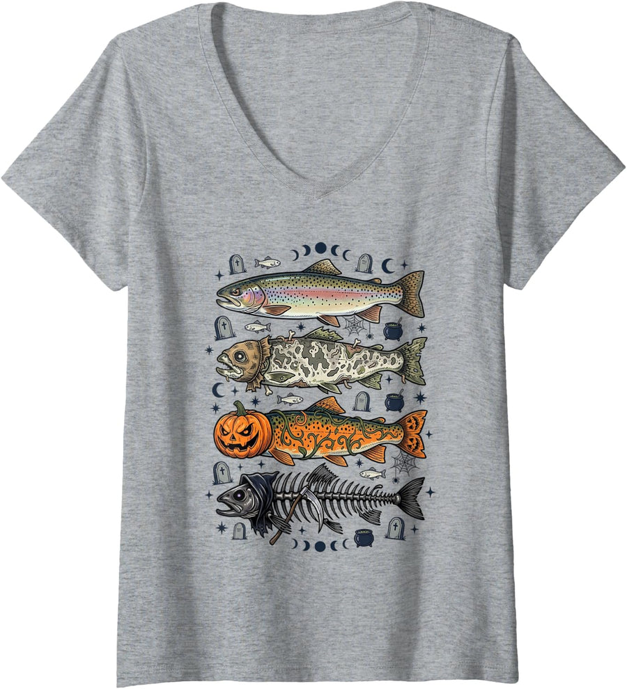 Women's Halloween Trout Fish Fishing Lover Fisherman Spooky Funny V-Neck T-Shirt - Heather Grey