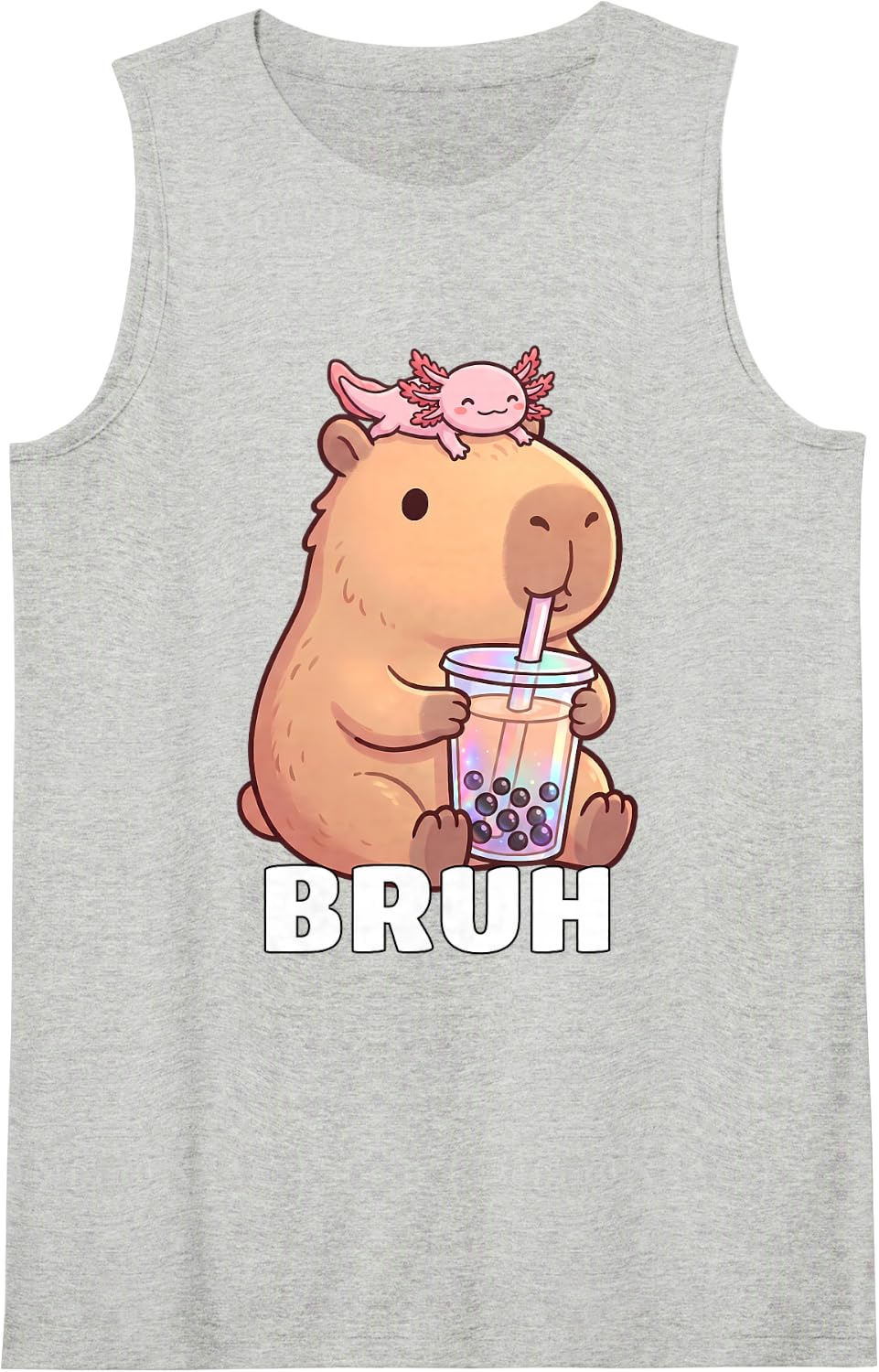 Cute Bruh Capybara Drinking Bubble Tea Axolotl Funny Kawaii Sleeveless Tank Top - Heather Grey