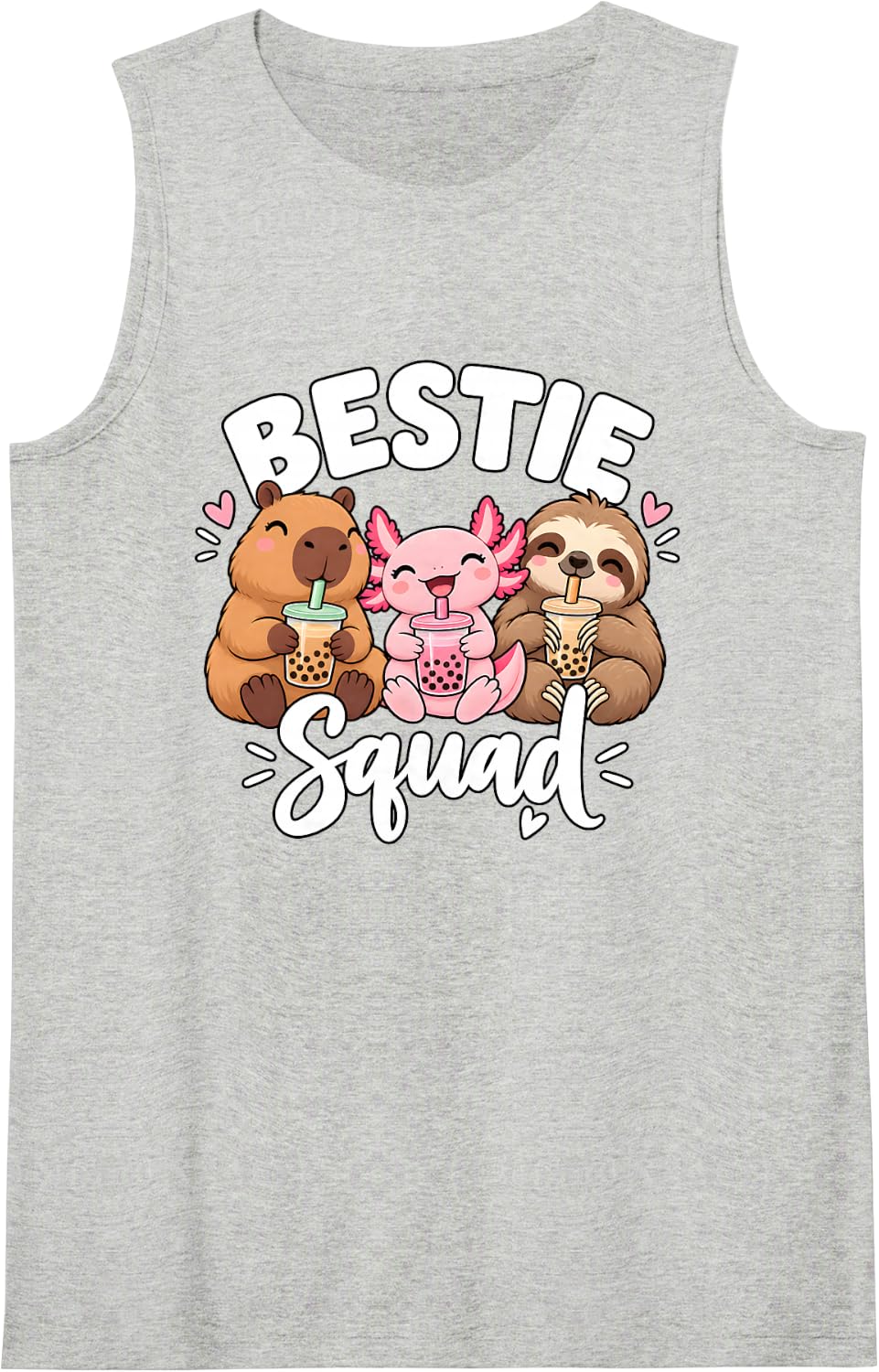 Bestie Squad Boba Tea Axolotl Capybara Sloth Sleeveless Tank Top - Heather Grey