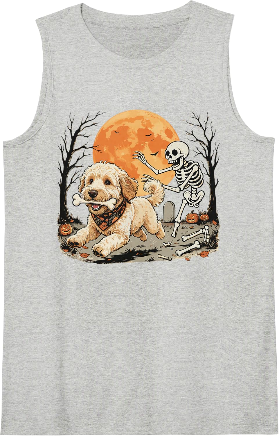 Goldendoodle Dog Stealing Skeleton Bone Halloween Dog Lovers Sleeveless Tank Top - Heather Grey
