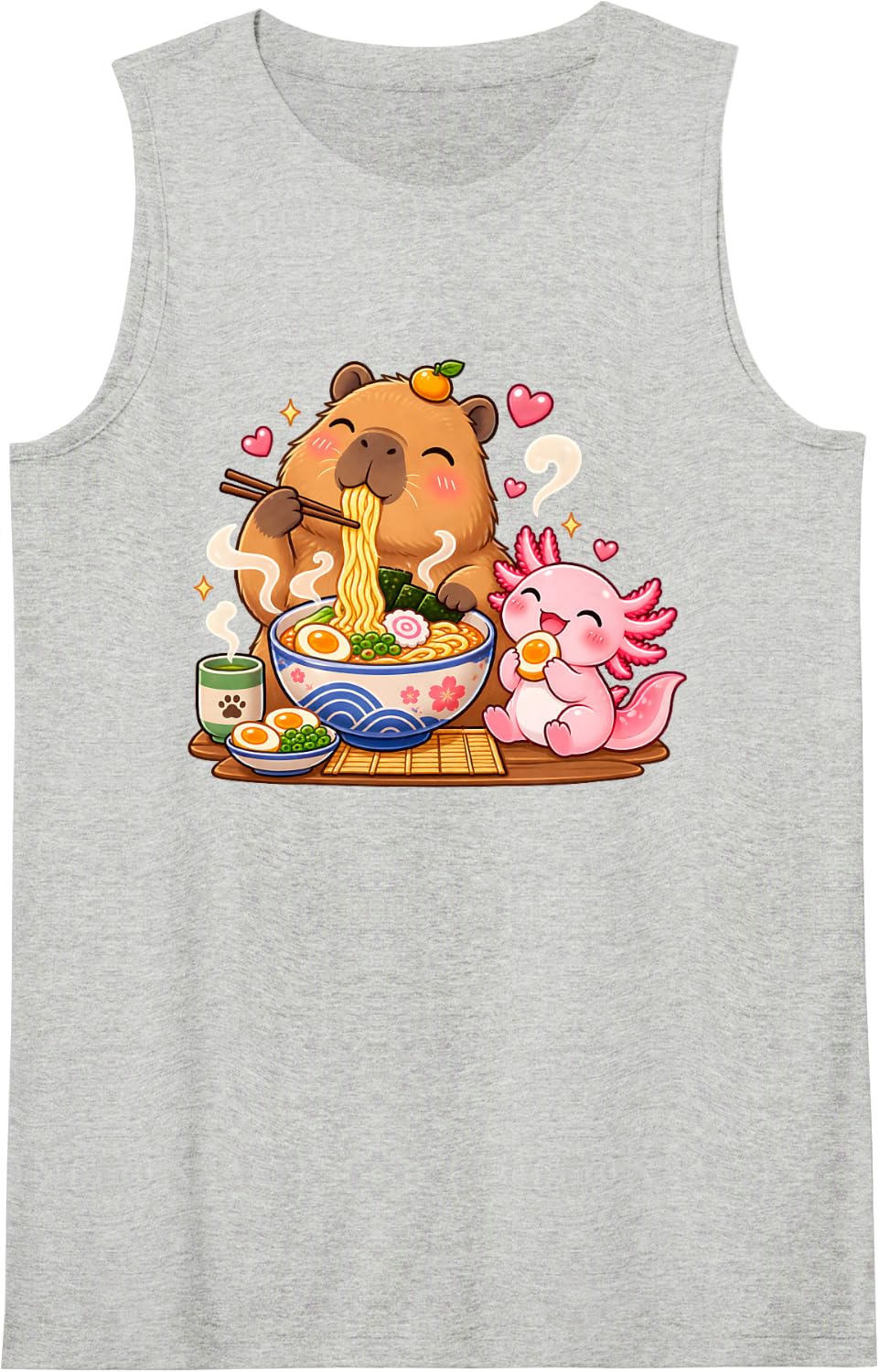 Capybara and Axolotl Eating Ramen Kawaii Noodle Bowl Graphic Sleeveless Tank Top - Heather Grey