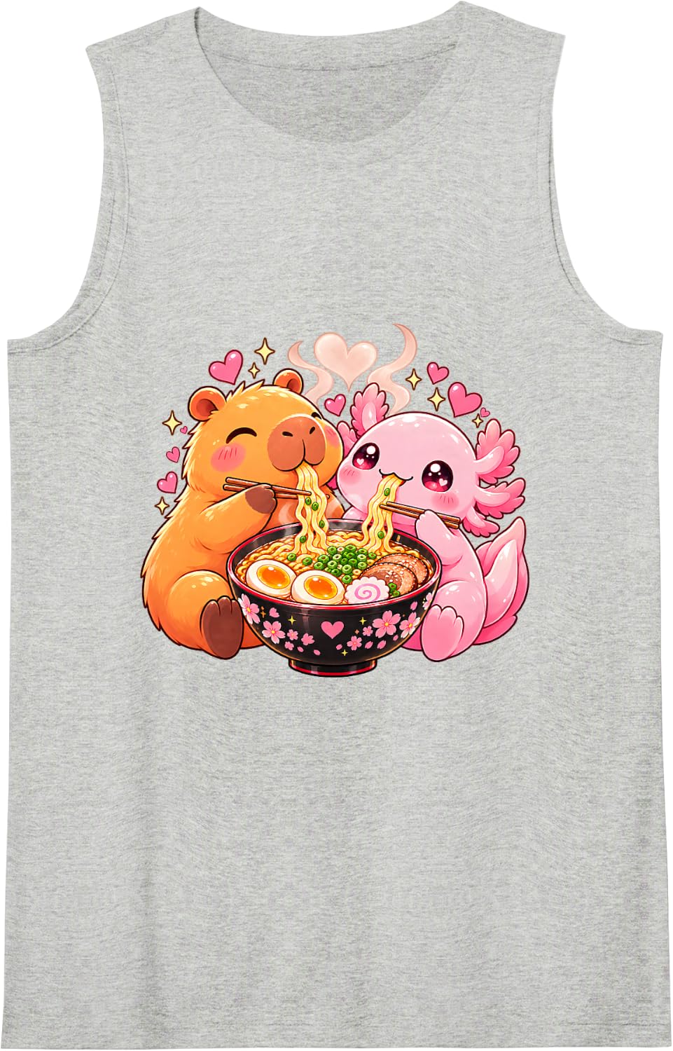 Cute Capybara, Axolotl, Ramen, Kawaii Food Lover Sleeveless Tank Top - Heather Grey