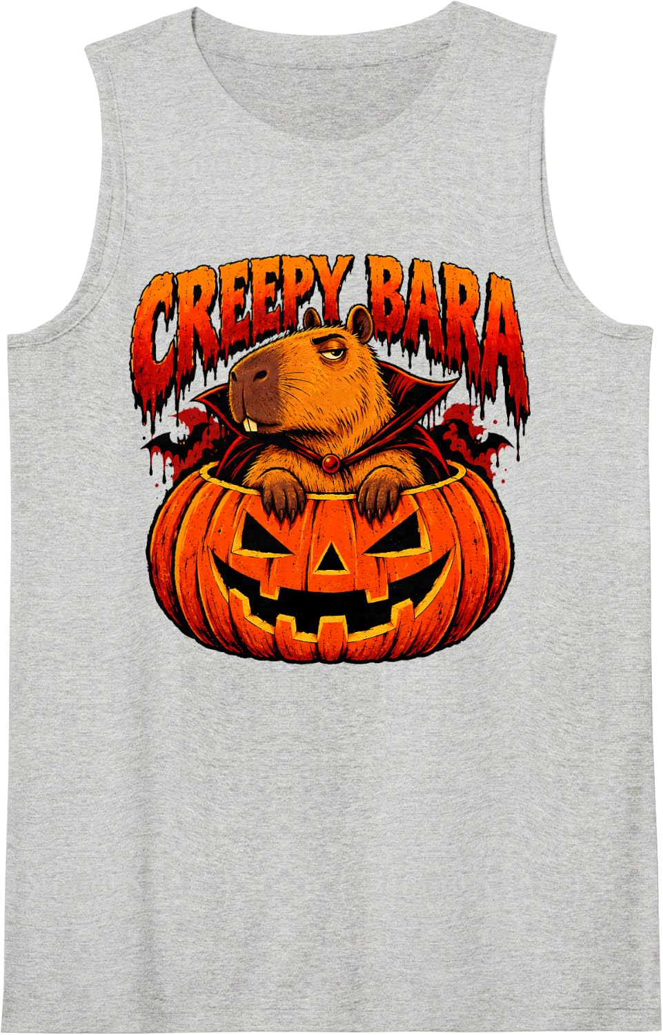 Creepy Bara Capybara Vampire Halloween Pumpkin Pun Funny Sleeveless Tank Top - Heather Grey