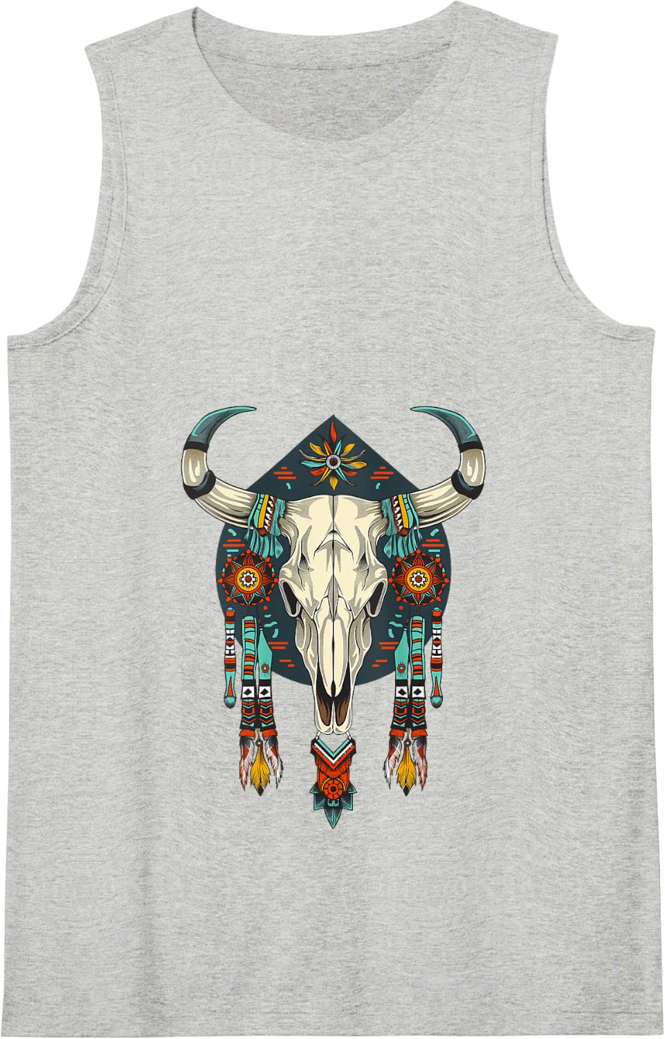 Bull Skull Southwestern Boho Western Feathers Turquoise Art Tank Top - Heather Grey