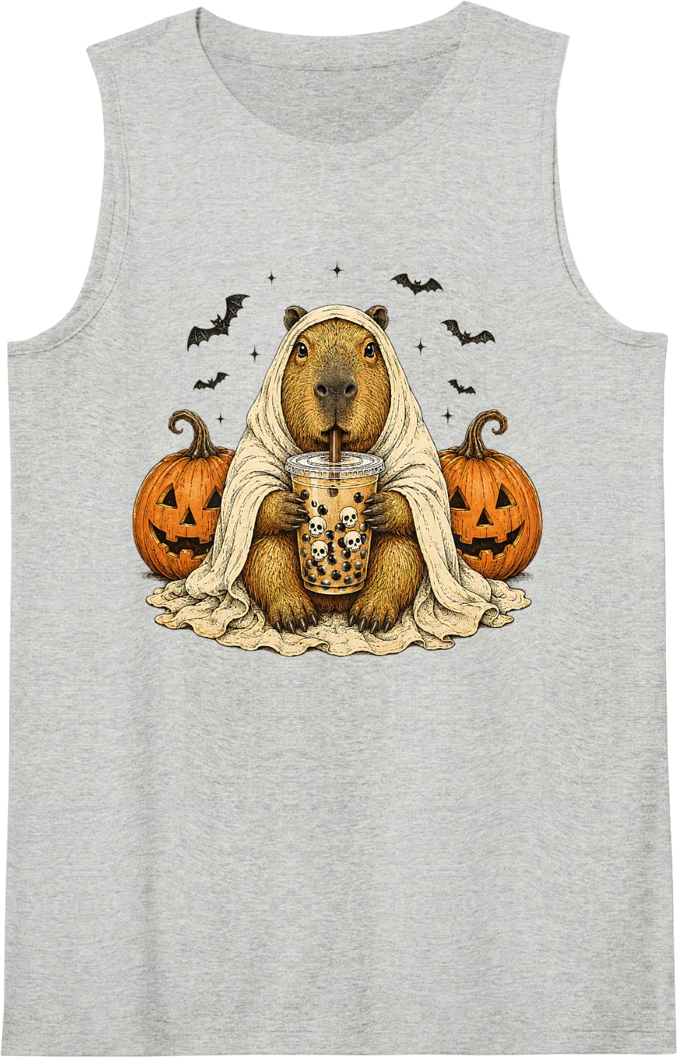 Cute Capybara Ghost Boba Tea Halloween Spooky Tank Top - Heather Grey