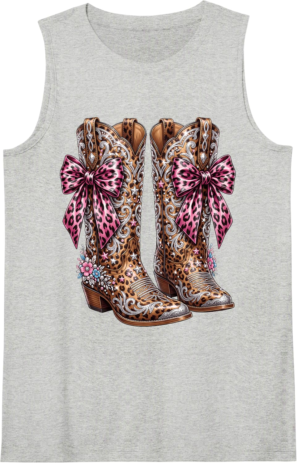 Cowgirl Boots Bow Rodeo Western Cute Floral Cowboy Boots Sleeveless Tank Top - Heather Grey