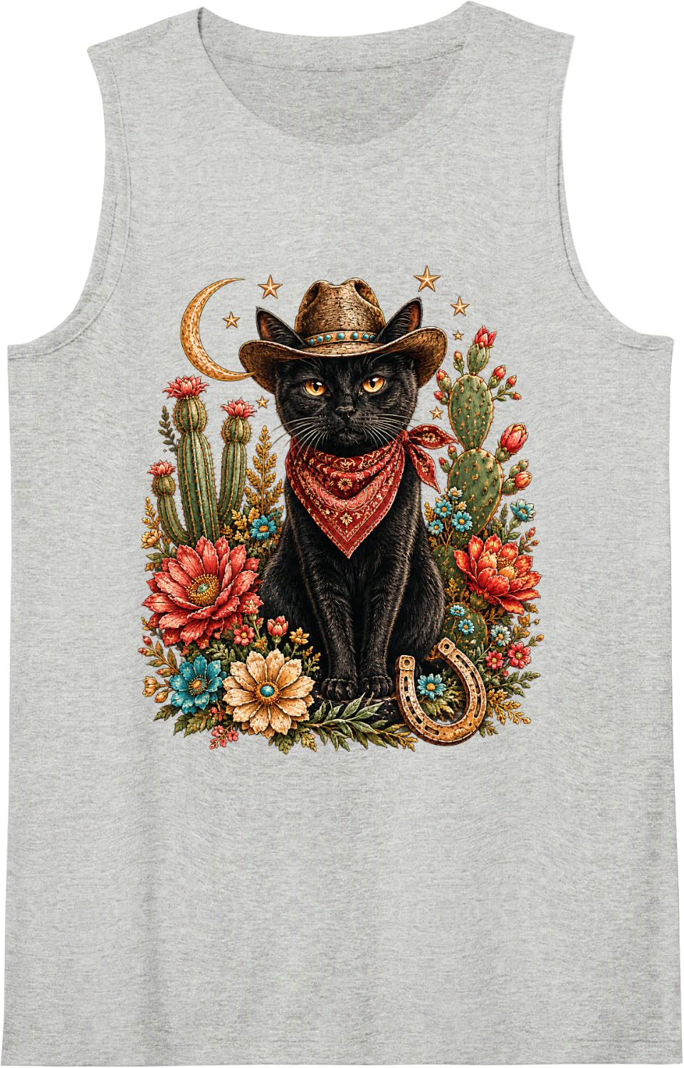 Western Black Cat Cowboy Hat Cactus Floral Boho Cat Lover Tank Top - Heather Grey