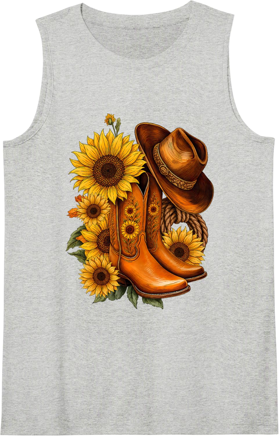 Floral Boots Sunflower Western Country Girl Rodeo Cowgirl Sleeveless Tank Top - Heather Grey
