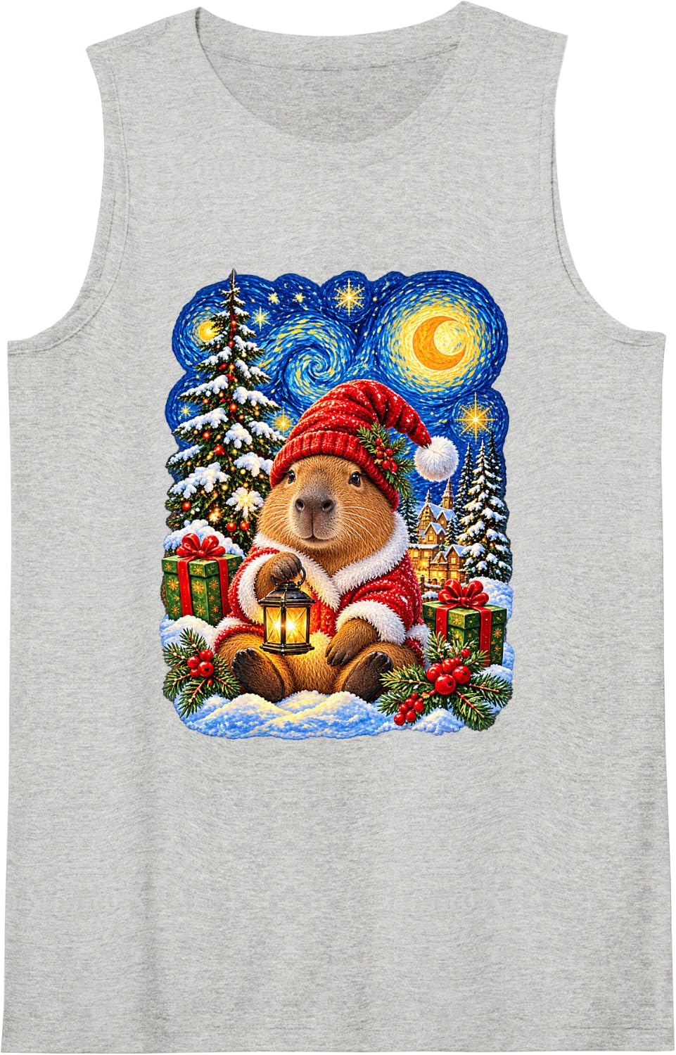 Christmas Capybara Van Gogh Starry Sky for Men Women Sleeveless Tank Top - Heather Grey