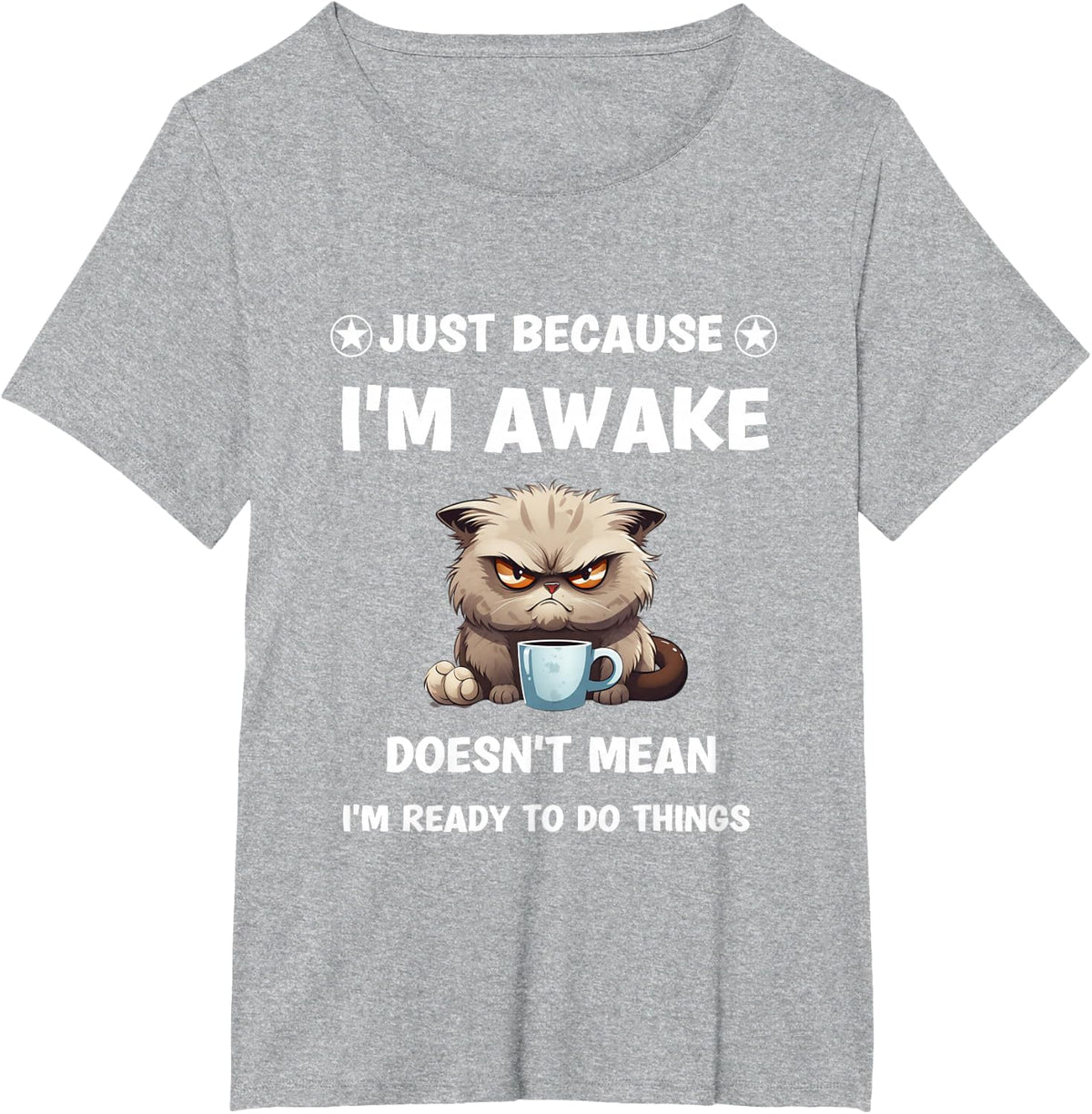 Just Because I'm Awake Funny Cat With Coffee for Tweens T-Shirt - Heather Grey