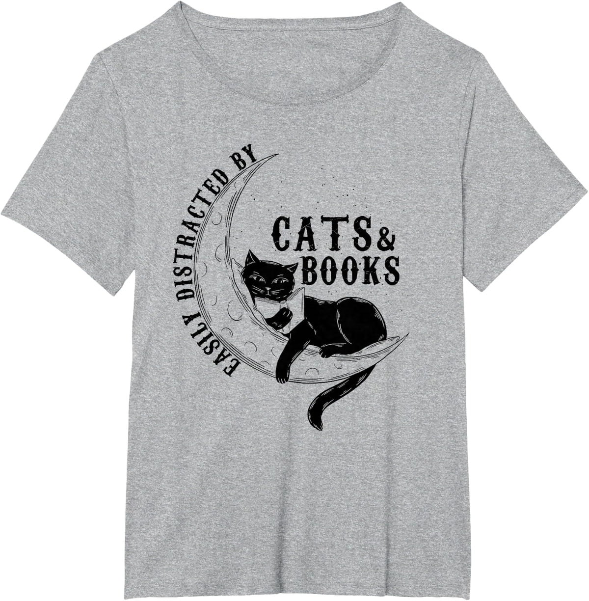 Easily Distracted by Cats & Books Lover Book Nerd Librarian T-Shirt - Heather Grey