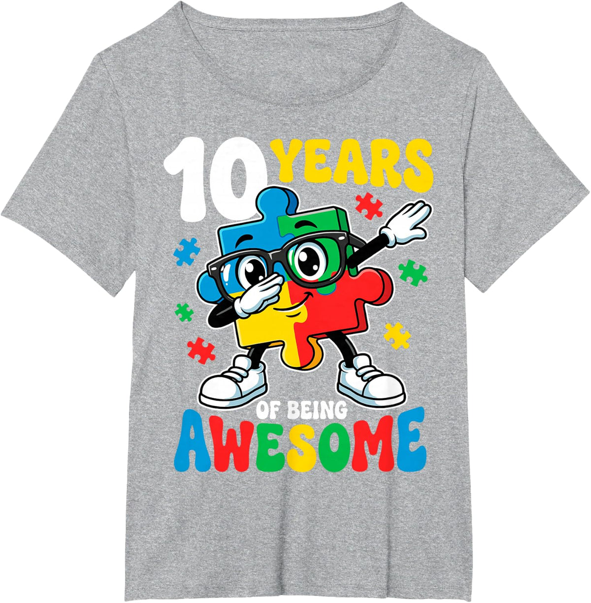 10 Years Being Awesome 10th Birthday Dabbing Puzzle Autism T-Shirt - Heather Grey