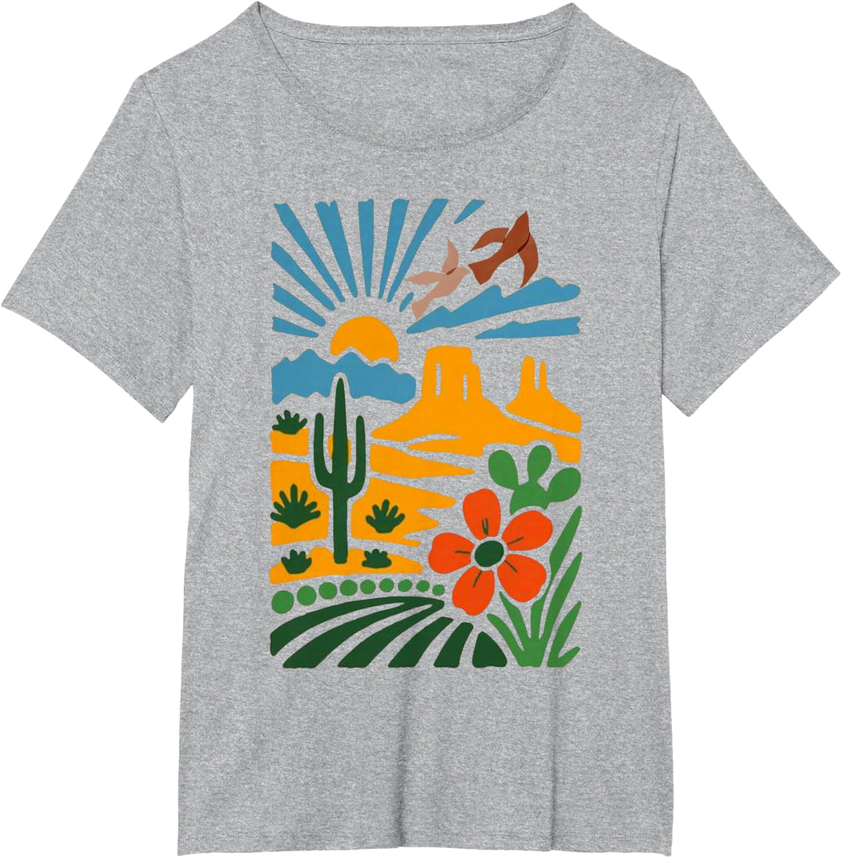 Vintage Southwest Boho Flower Desert Landscape Cactus Sunset T-Shirt - Heather Grey
