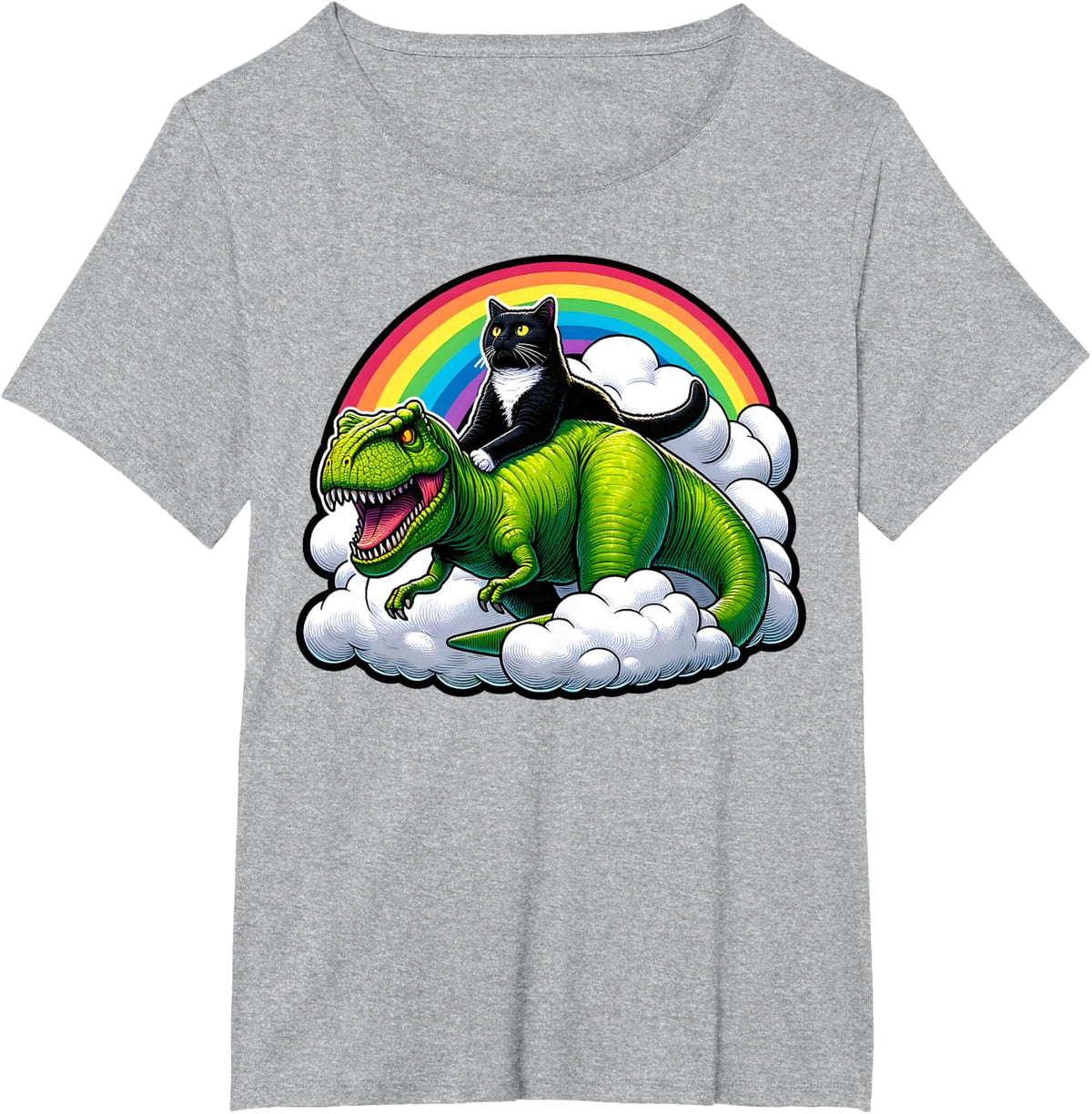 Black Cat Riding Dinosaur T Rex Rainbow Clouds Funny T-Shirt - Heather Grey
