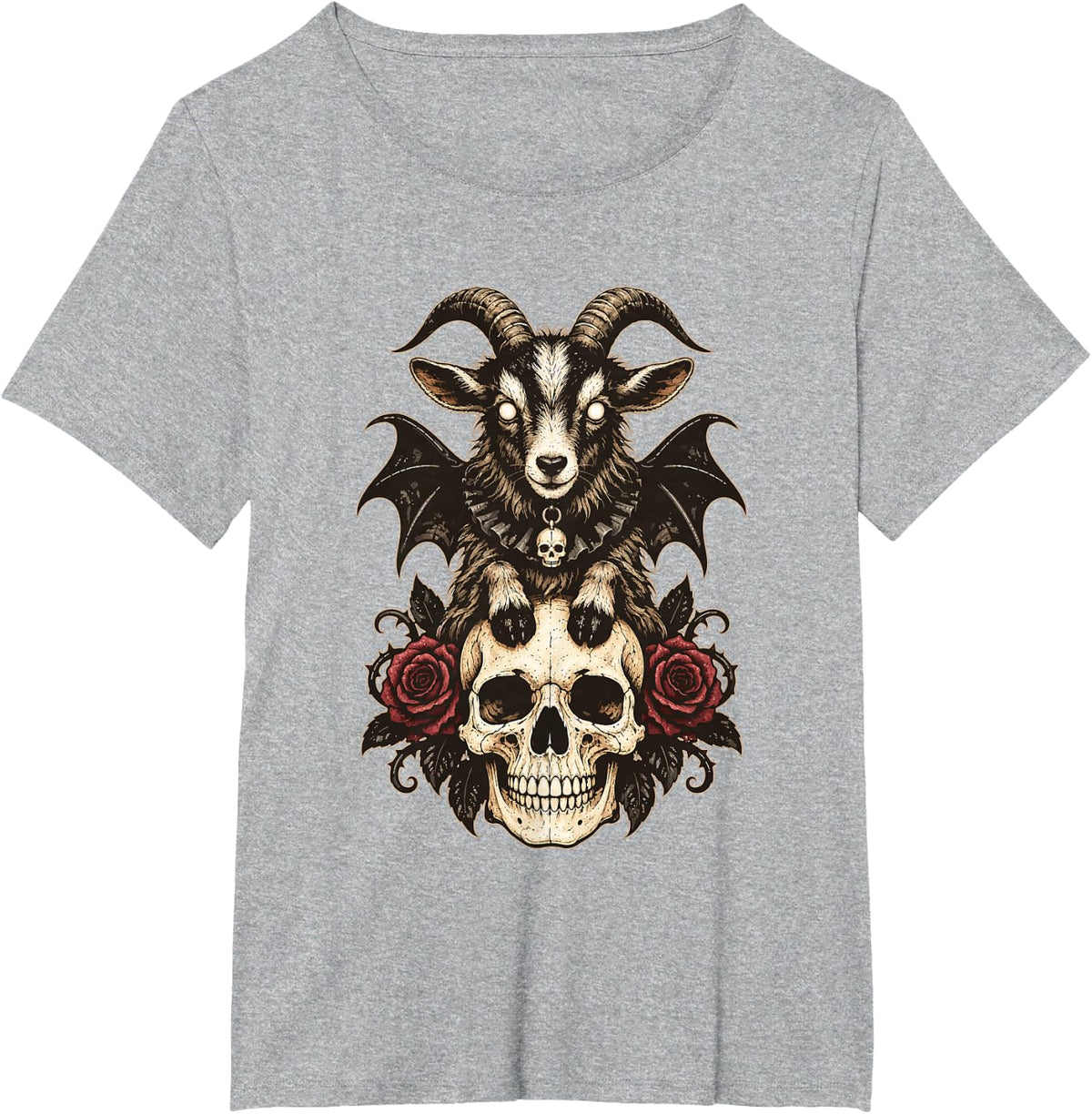 Goat with Bat Wings Floral Gothic Skull Halloween Animal T-Shirt - Heather Grey
