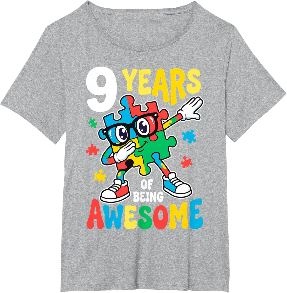 9 Years of Being Awesome 9th Birthday Dabbing Puzzle Autism T-Shirt - Heather Grey